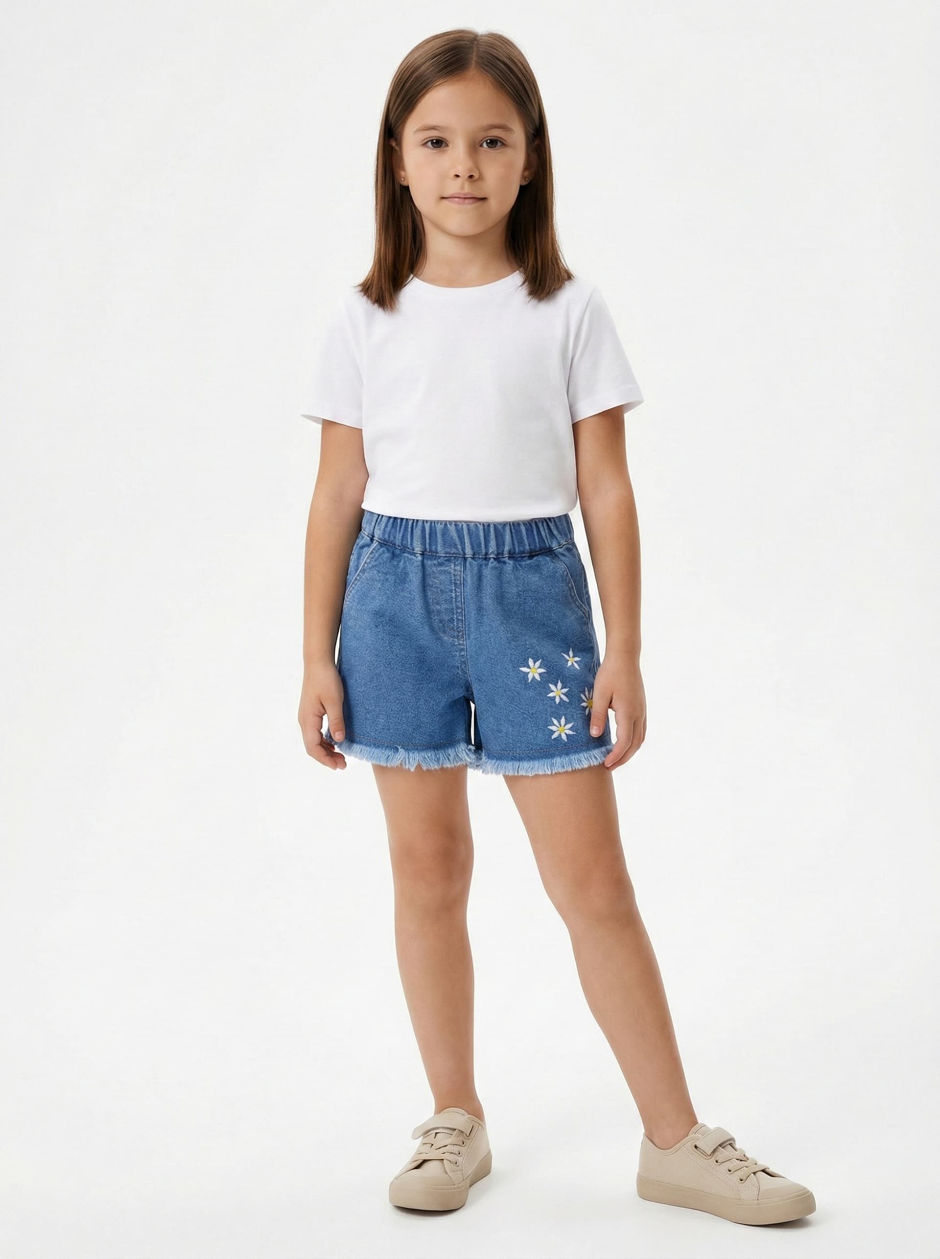 Girls Light Blue Flower Embroidered Denim Shorts