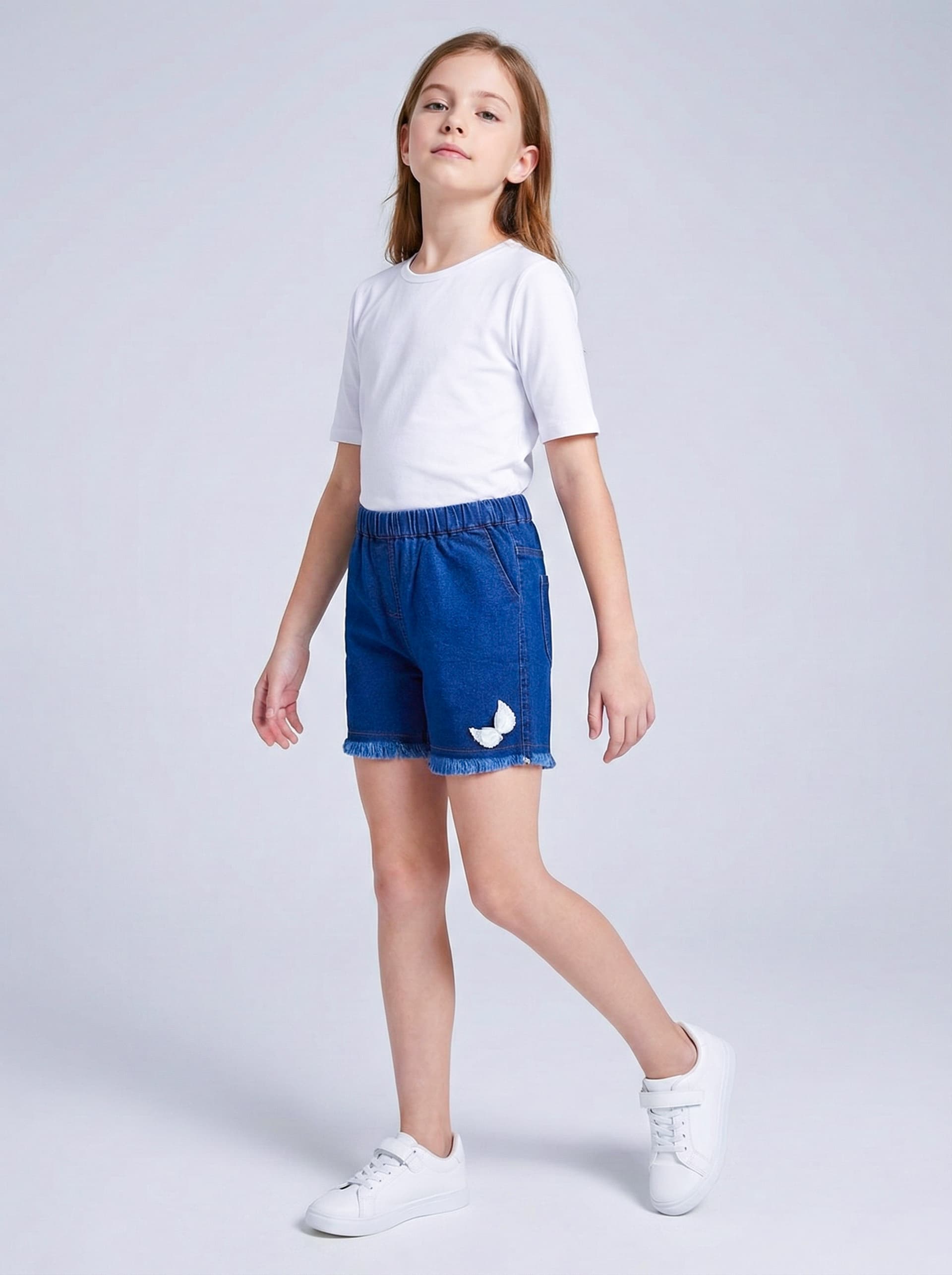 Girl Navy Blue Denim Embellished Shorts