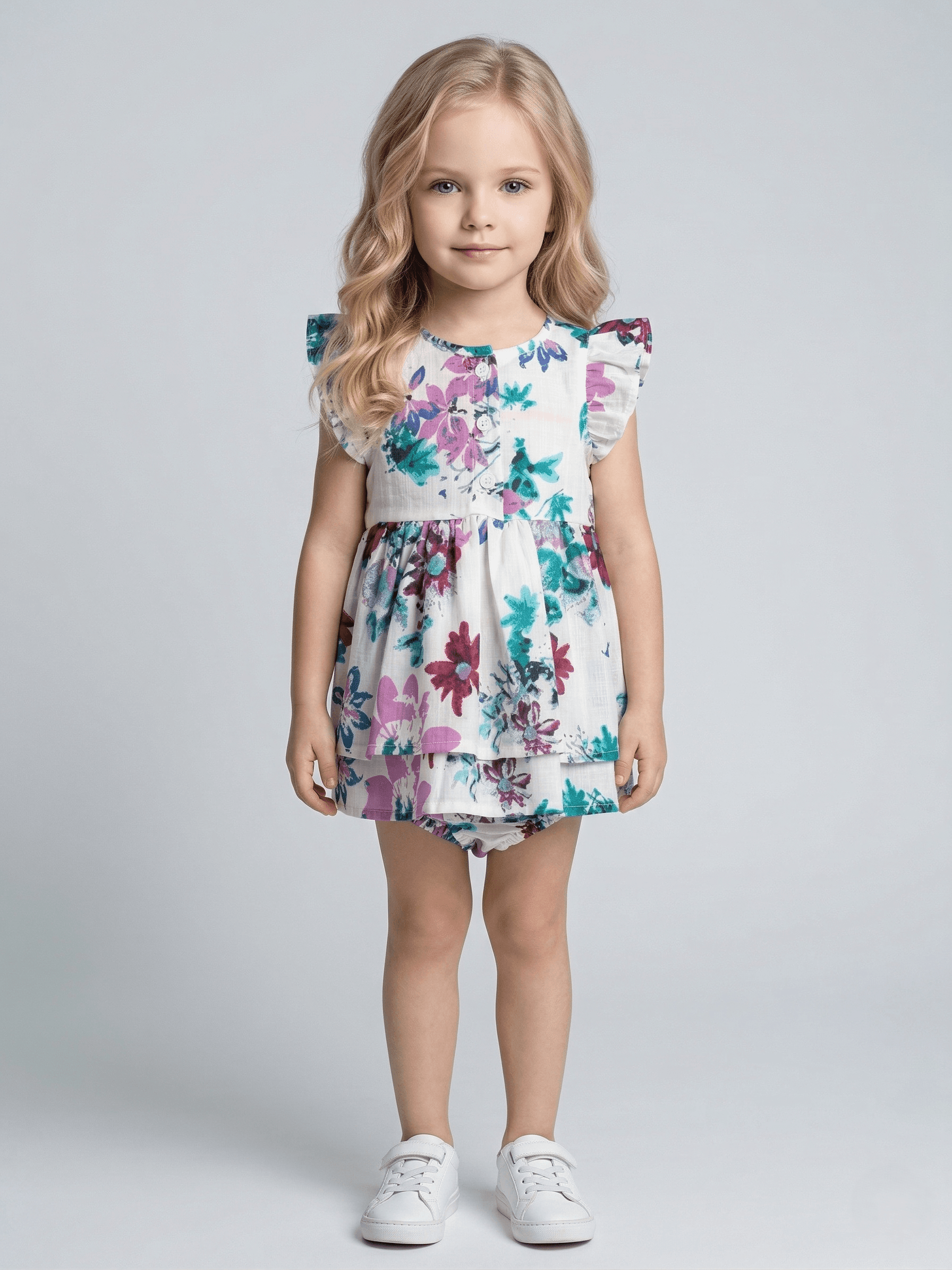 Creative Kids Rompers For Baby Girl Floral Printed Cap Sleeve Pure Cotton  - White
