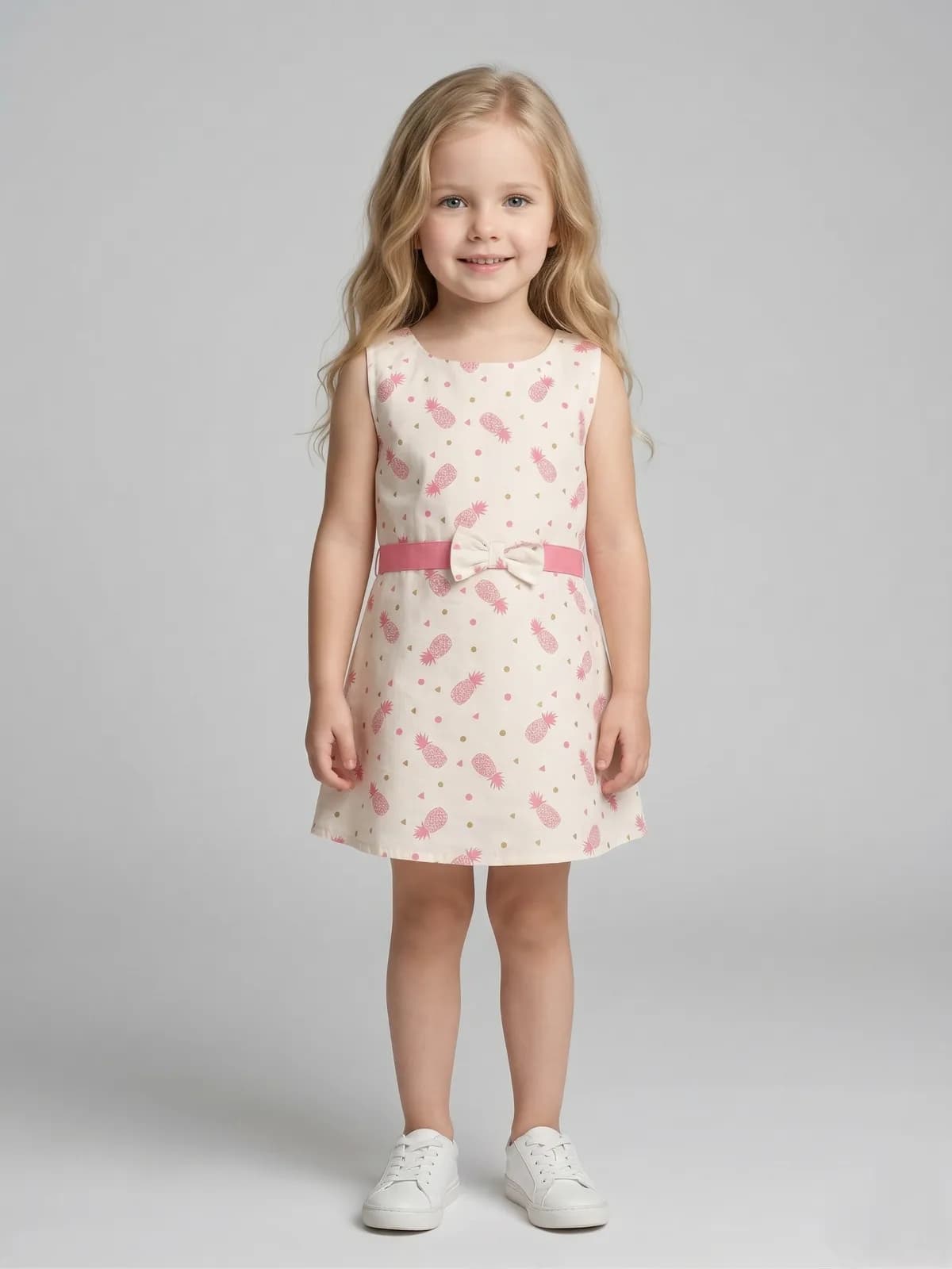 Creative Kids Girl White Cotton Regular Fit Printed Dress  - Cream