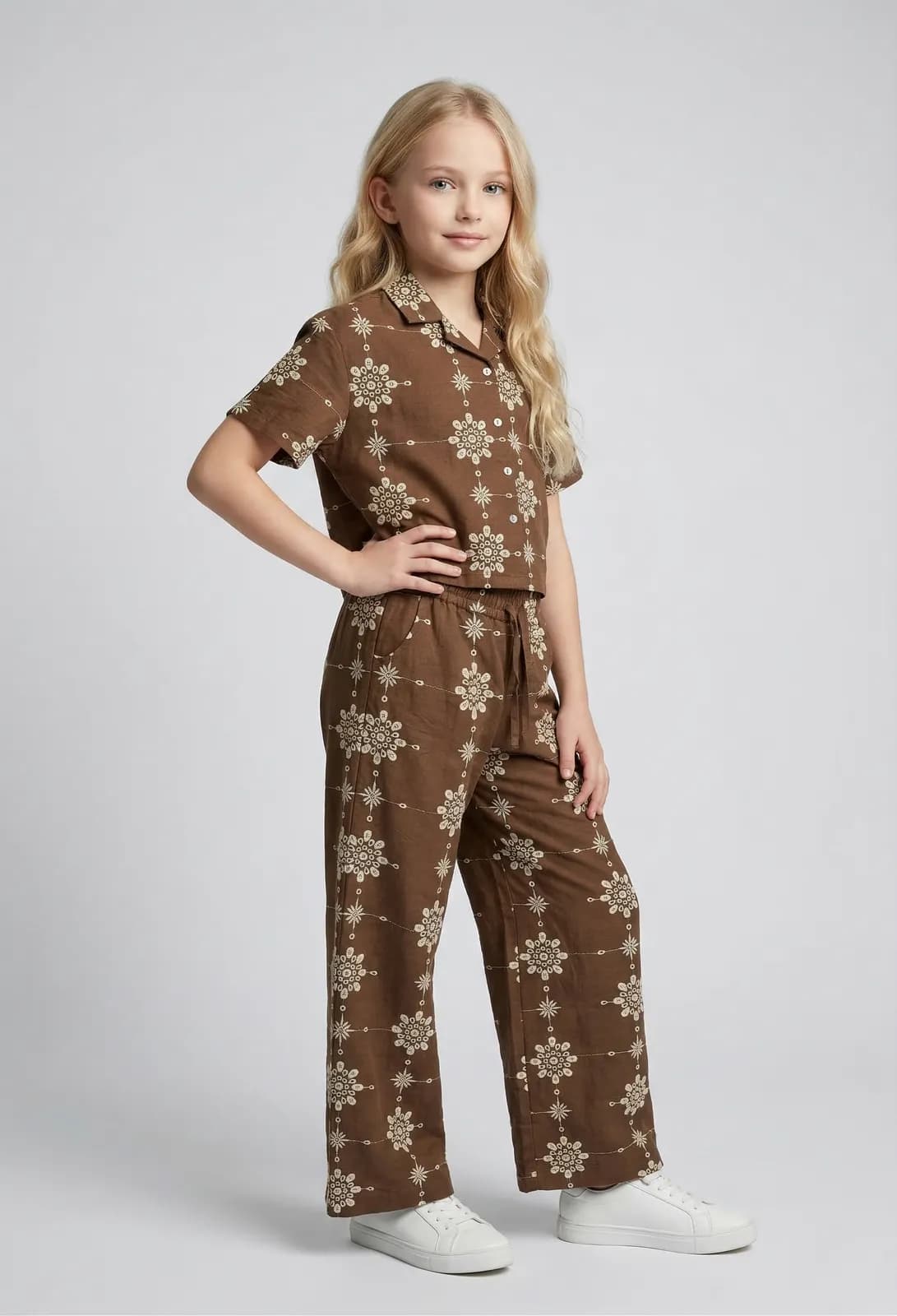Creative Kids Brown Embroidered Cotton Blend Co-Ord Set for Girls | Stylish Shirt & Pant Set  - Brown