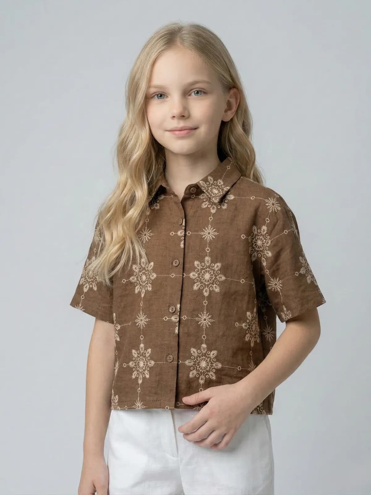 Creative Kids Brown Embroidered Cotton Blend Shirt for Girls | Stylish Short Sleeve Top - Brown