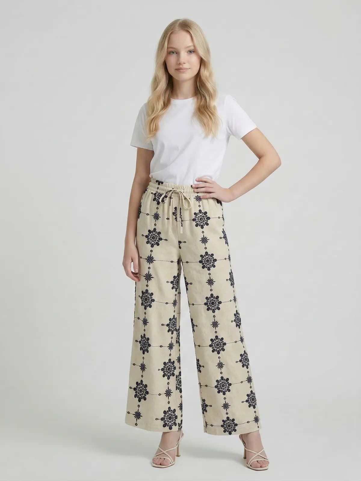 Creative Kids Brown Embroidered Cotton Blend Pants for Girls | Comfortable Straight Fit Bottom