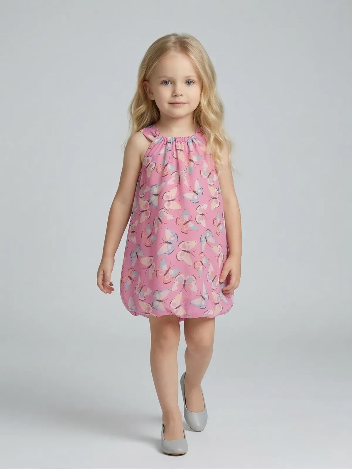 Creative Kids Pastel Pink Butterfly Print Polyester Bubble Romper – Whimsical Sleeveless Sunsuit for Summer - Pink