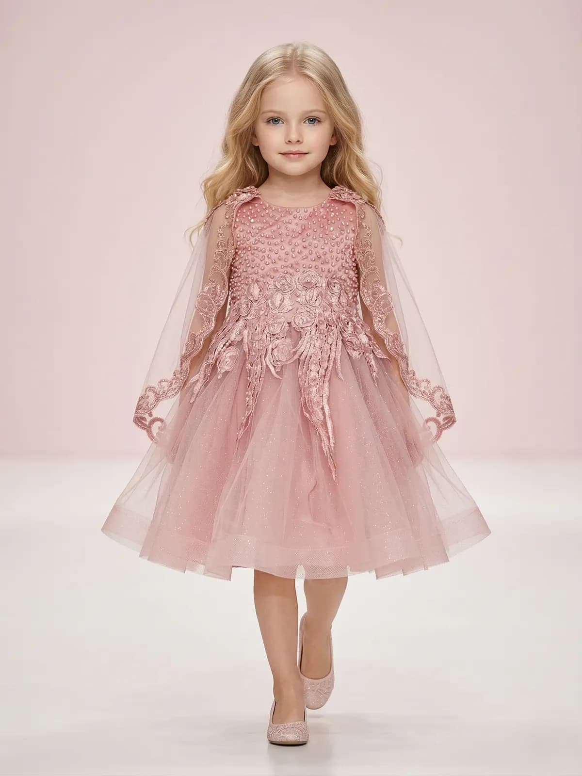 Creative Kids Sleeveless Princess Party Gown Dress with Pearl Bodice & 3D Flowers - Pink