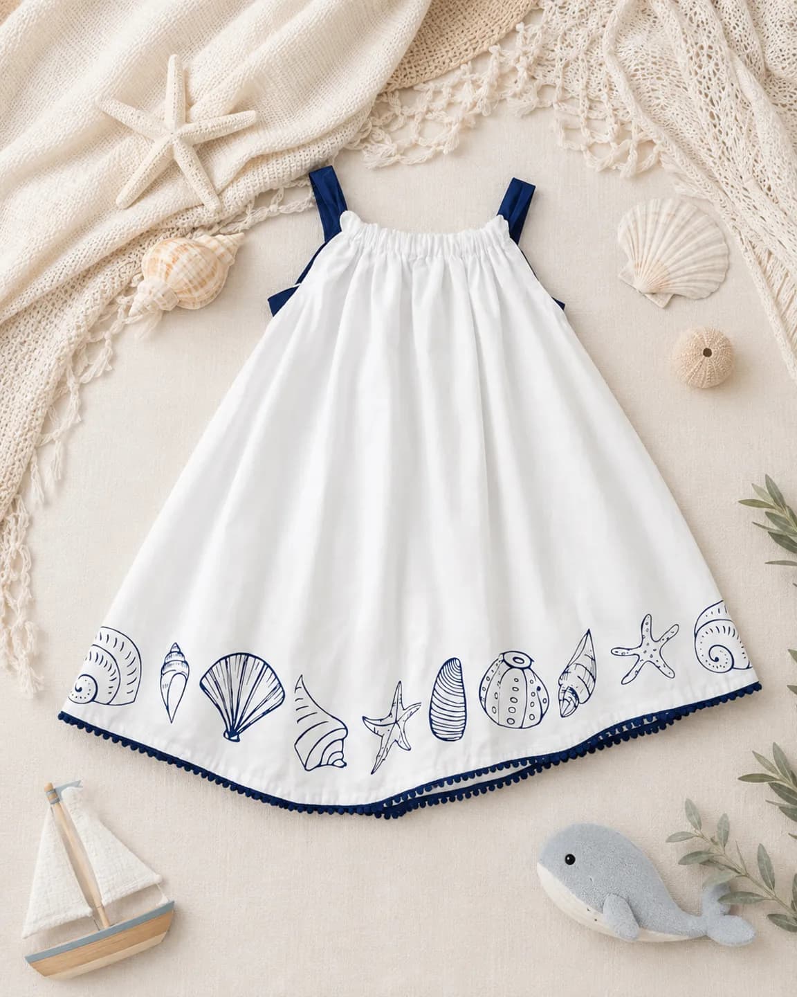 Creative Kids Girl Seashell Print Handkerchief Dress - White & Navy Blue