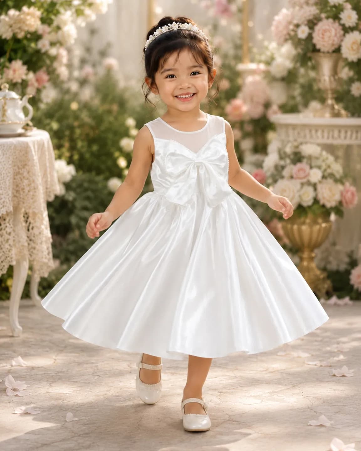 Girls White Pearl Bow Party Dress
