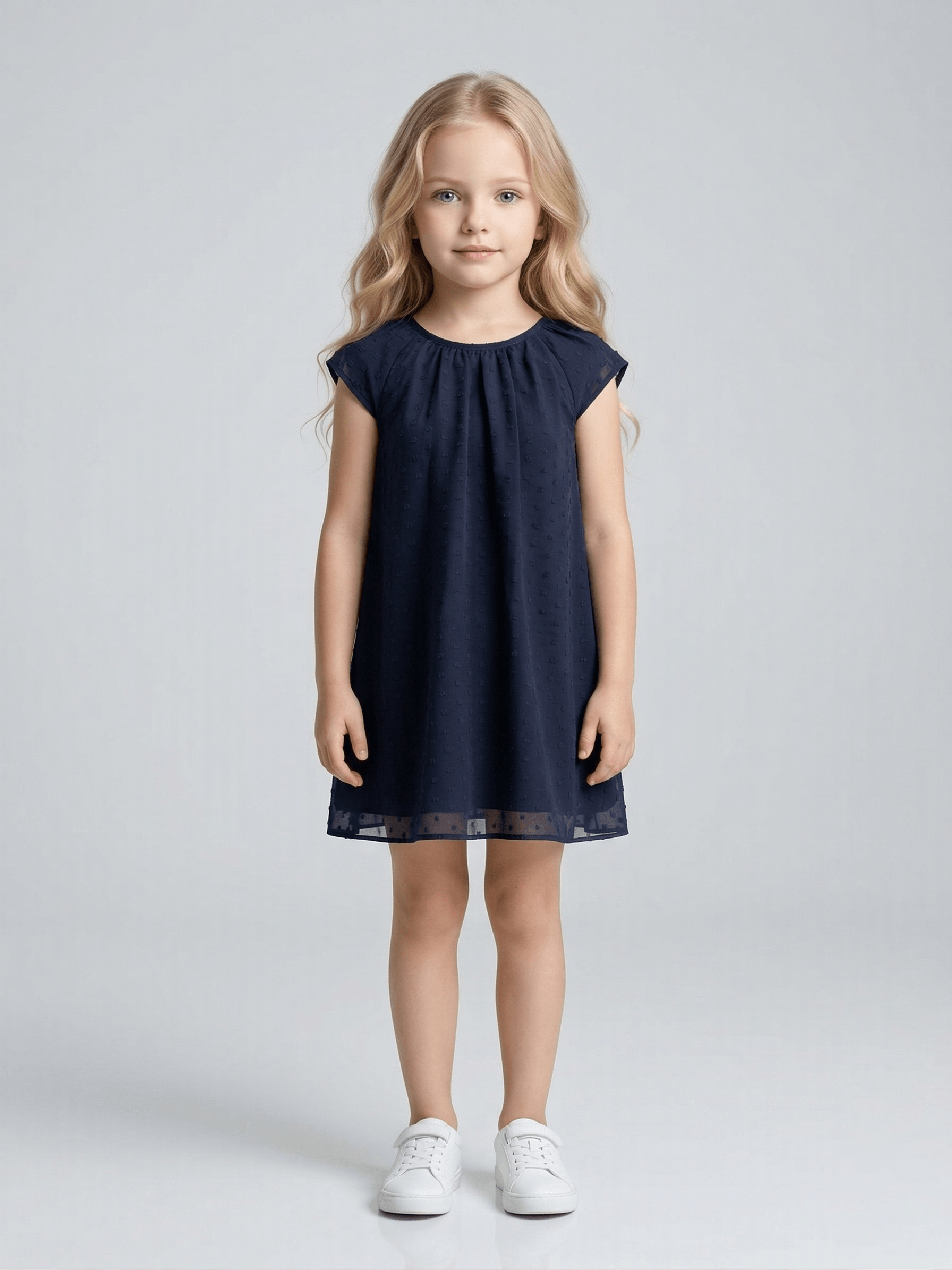 Baby Girl Polyster Navy Blue Dobby Print Cap Sleeve A-Line Knee Lenght Dress 