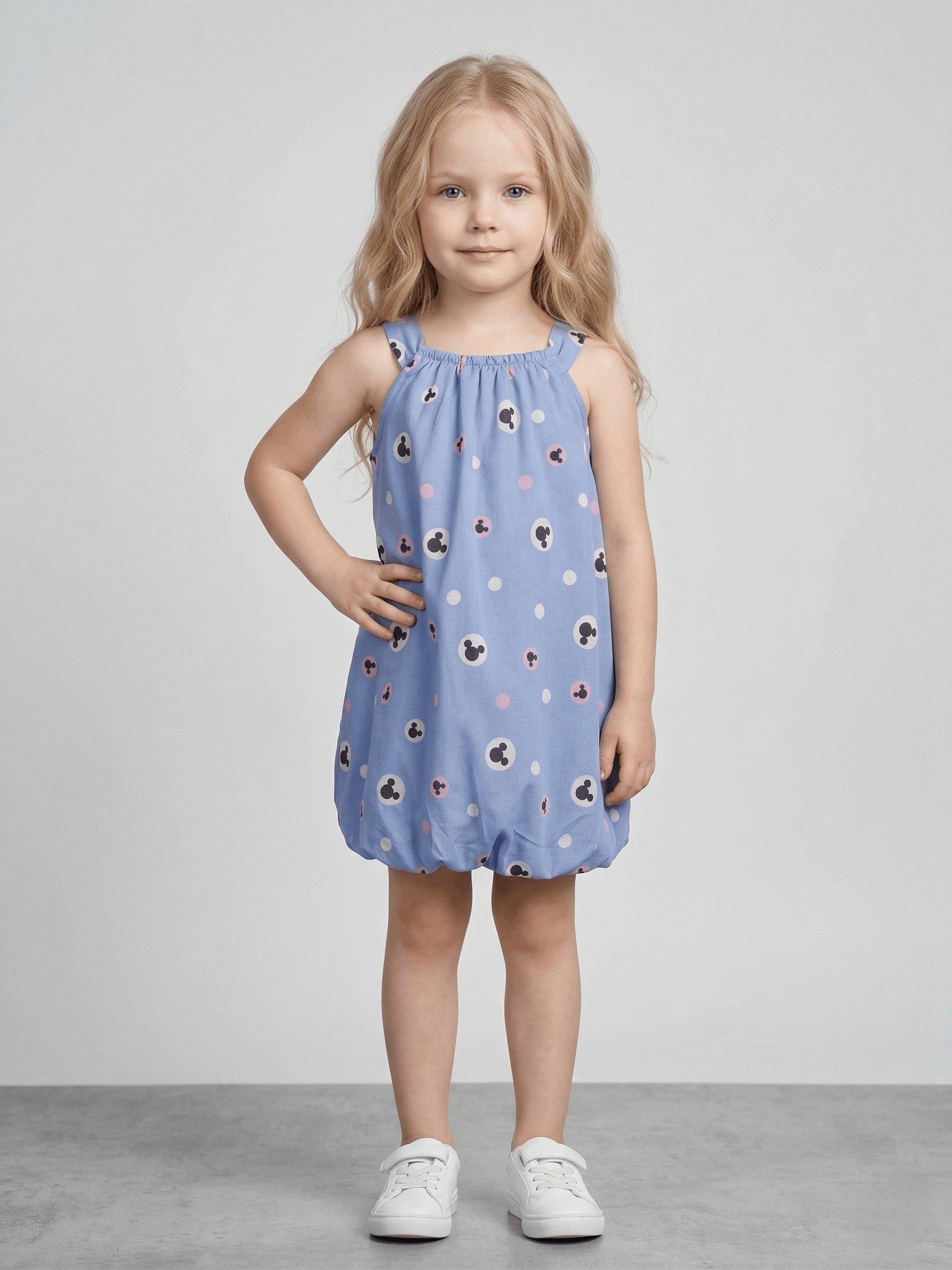 Baby Girl Blue & Black Mickey Mouse Printed Romper Dress