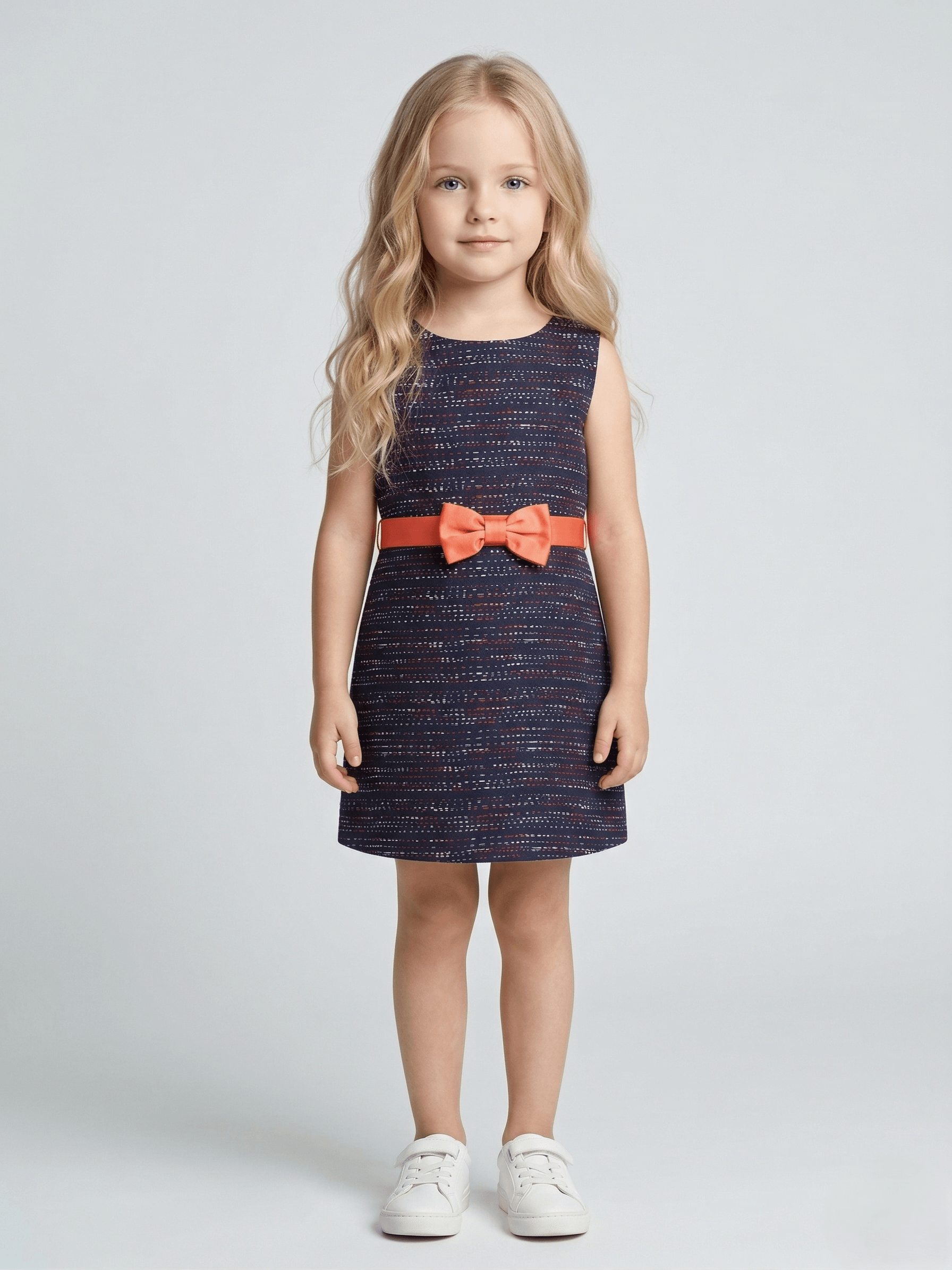 Creative Kids Cotton Woven Sleeveless Abstract Printed Bow Applique Detailed Dress - Navy Blue  - Navy - Navy