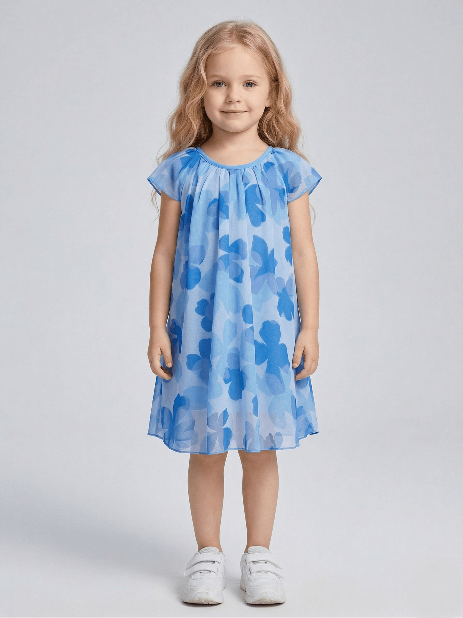Creative Kids Georgette Woven Half Sleeves Floral Printed Dress - Blue  - Blue