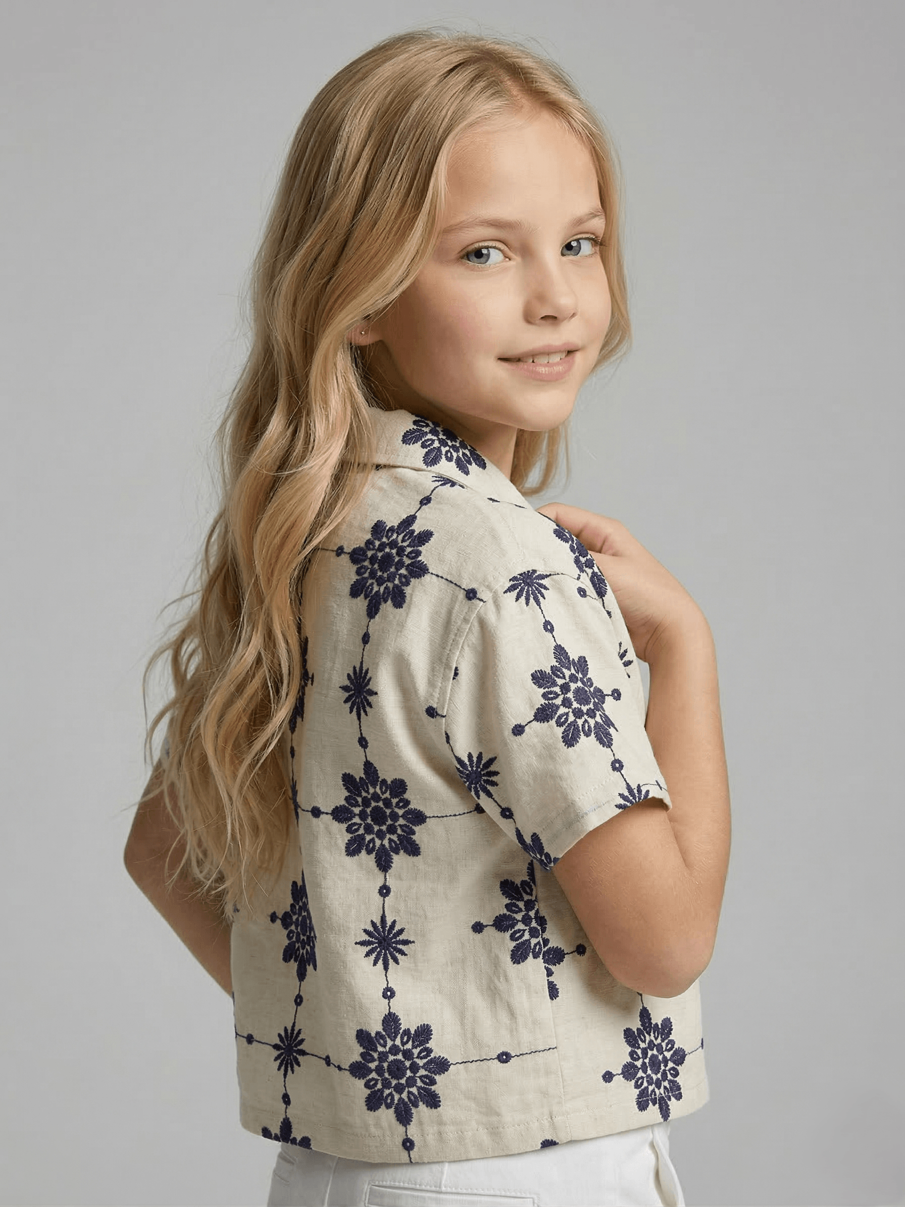 Creative Kids Beige Embroidered Cotton Blend Shirt for Girls | Stylish Short Sleeve Top - Beige