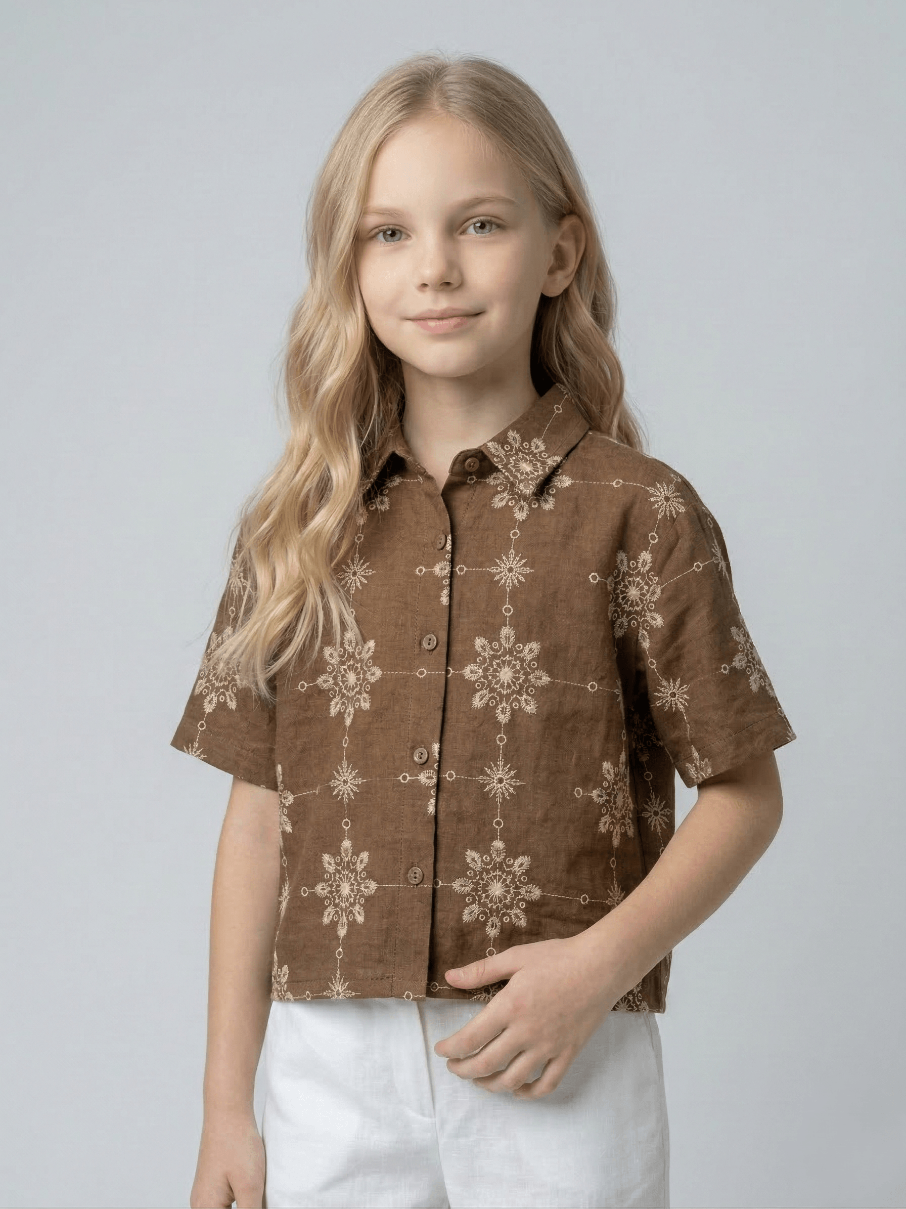 Creative Kids Brown Embroidered Cotton Blend Shirt for Girls | Stylish Short Sleeve Top - Brown