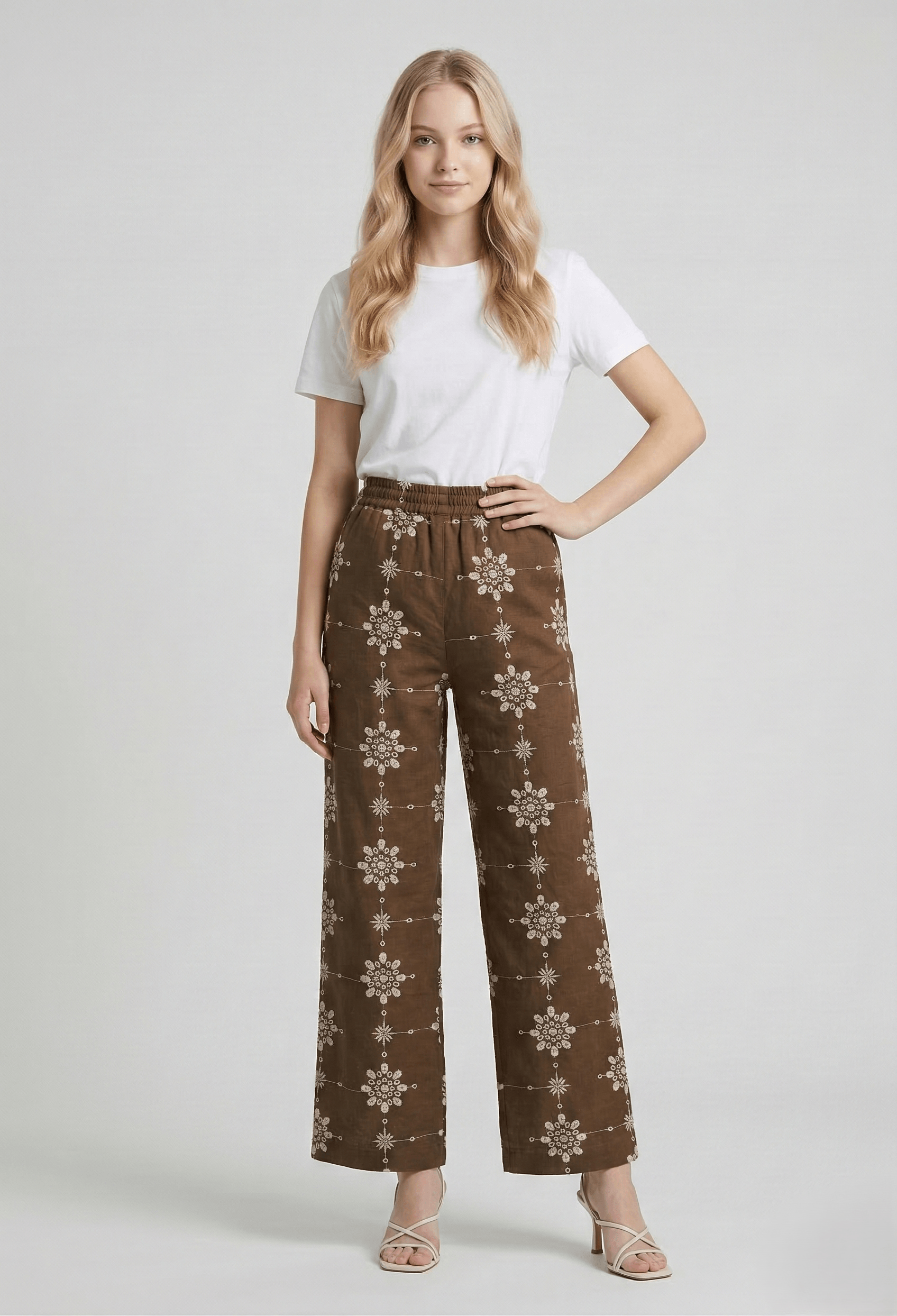 Creative Kids Brown Embroidered Cotton Blend Pants for Girls | Comfortable Straight Fit Bottom - Brown
