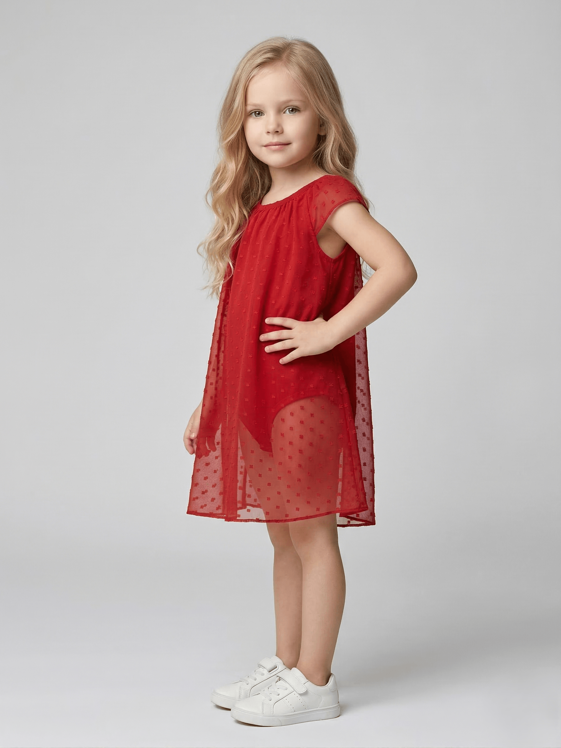 Creative Kids Crimson Swiss Dot Romper Dress – Polyester Flutter Sleeve Dress - Maroon