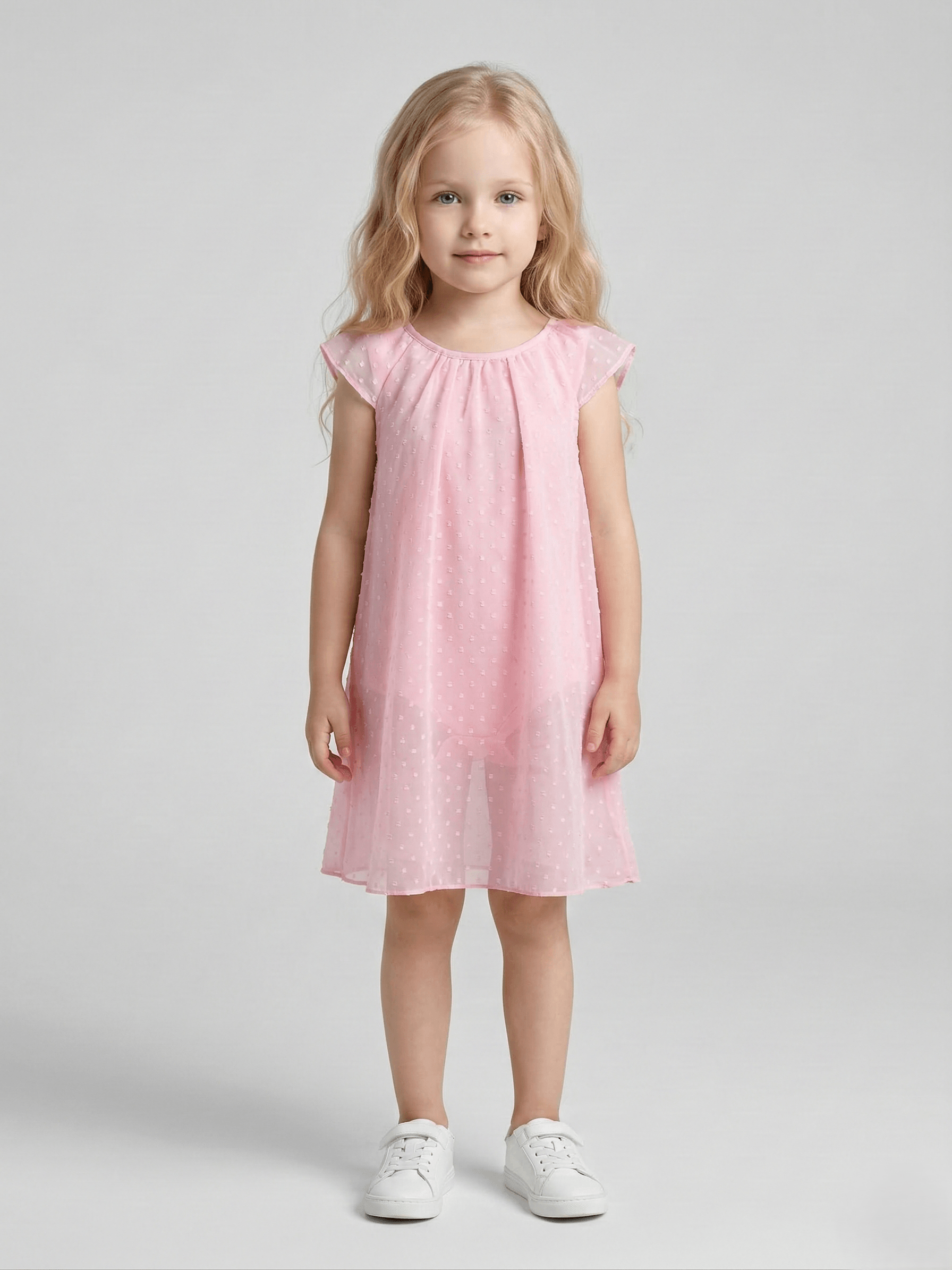 Creative Kids Pastel Pink Swiss Dot A-Line Dress – Premium Polyester Flutter Sleeve Dress - Pink