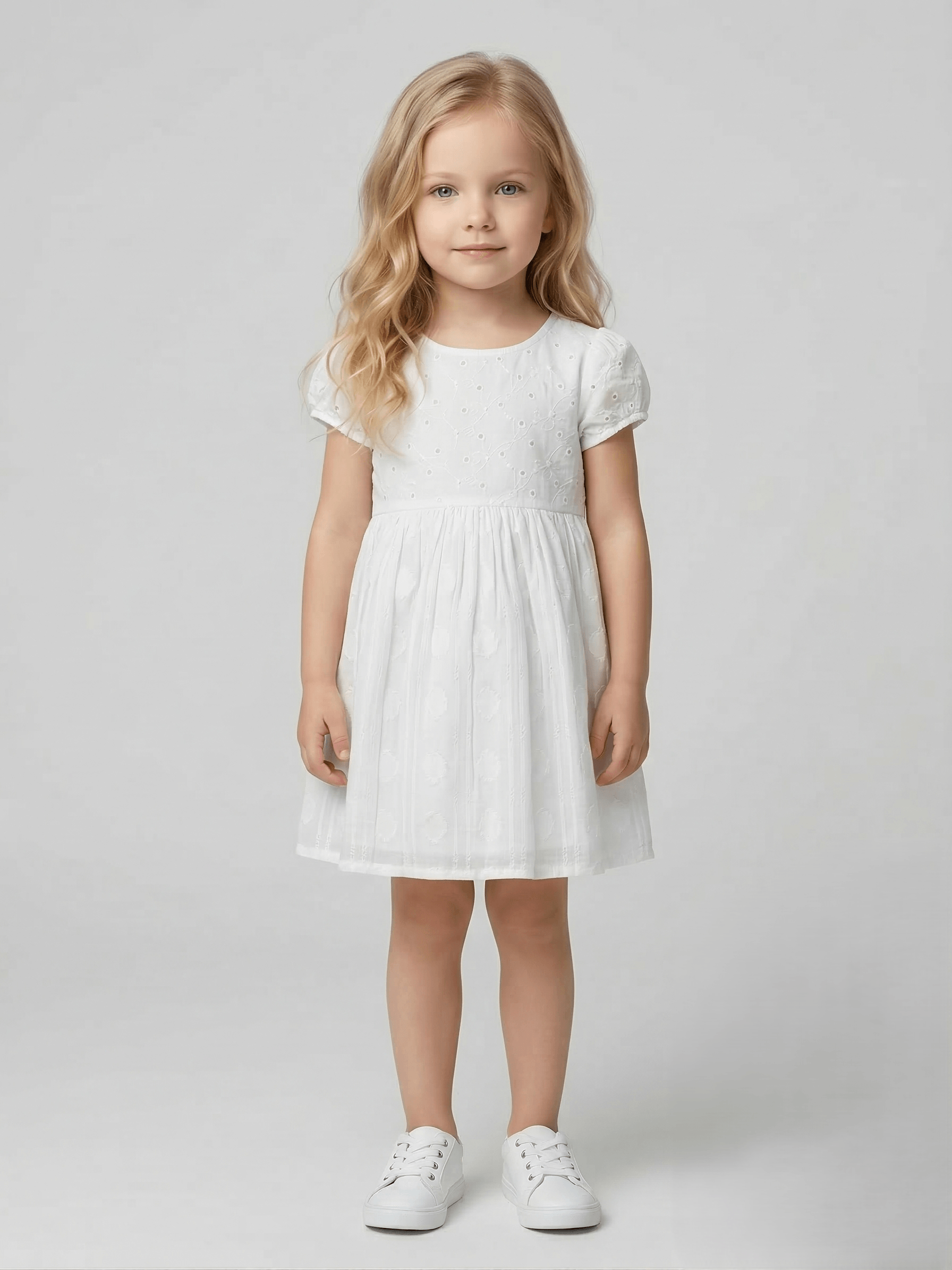 Creative Kids White Schiffli Cotton Dress – Breathable Fit & Flare Short Sleeve Summer Dress - White