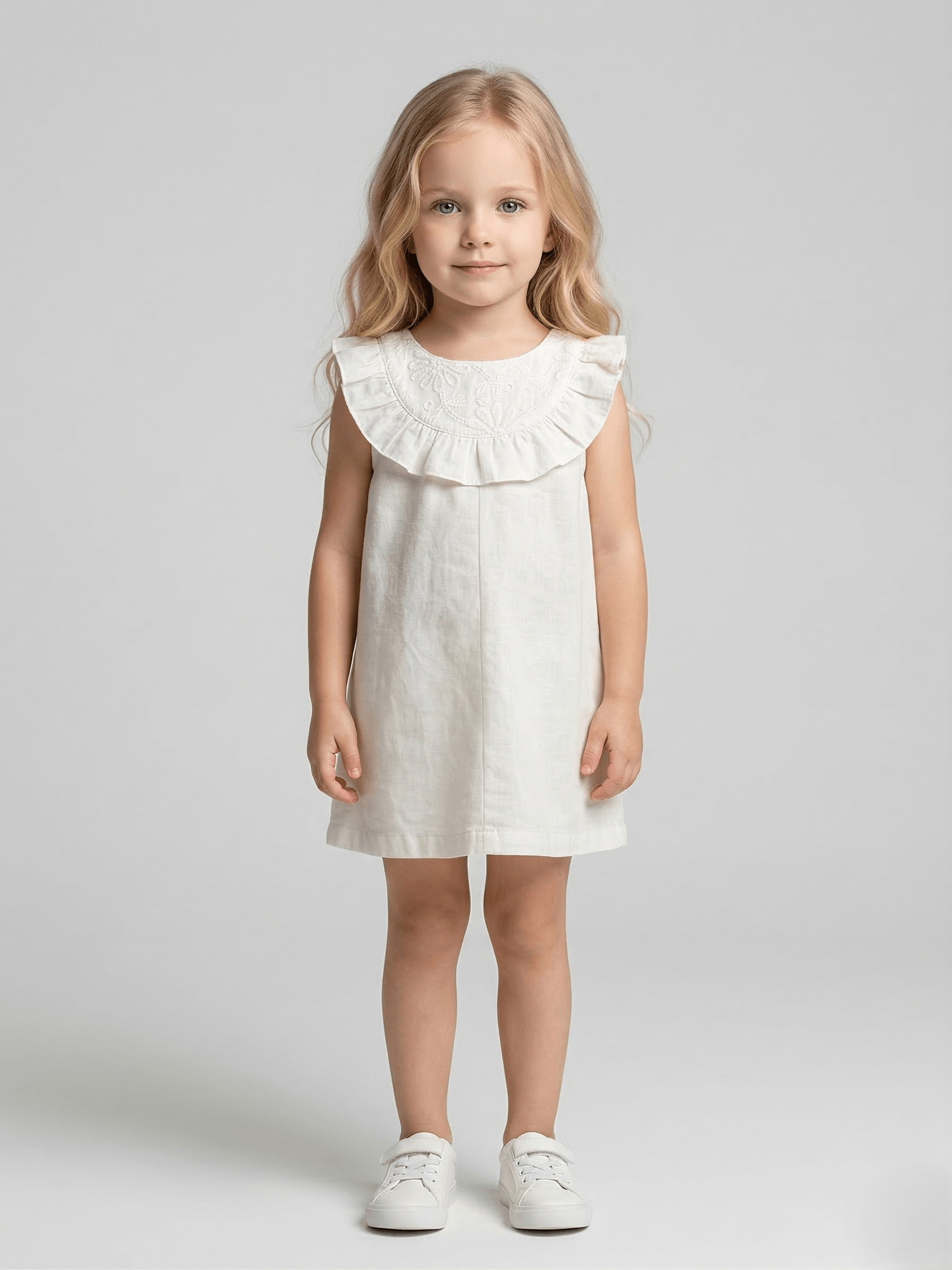 Creative Kids White Pure Cotton Embroidered Dress – Sleeveless A-Line Summer Dress with Ruffled Yoke - White