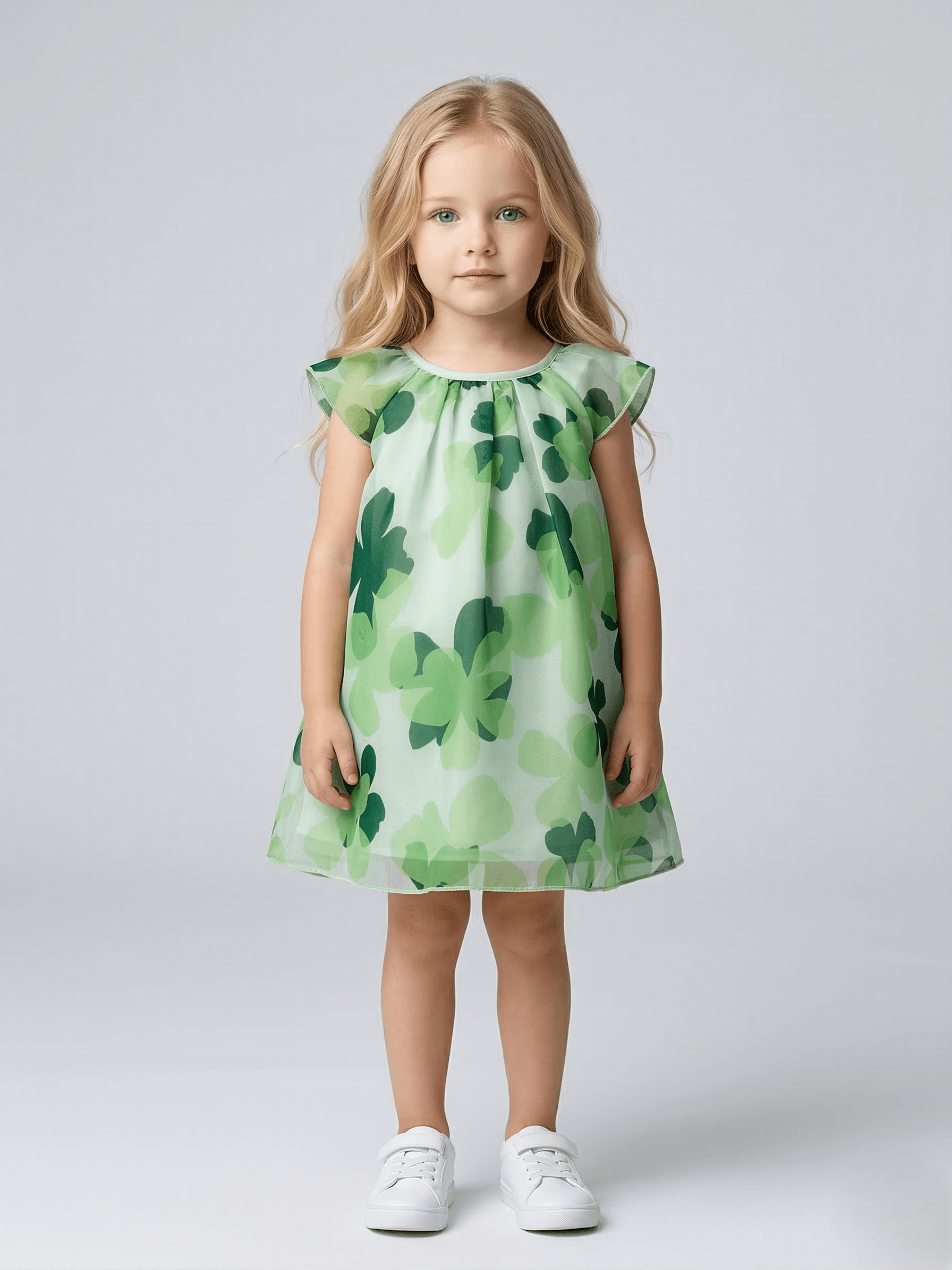 Creative Kids Green Floral Print Polyester Dress – Lightweight Flutter Sleeve A-Line Dress - Green