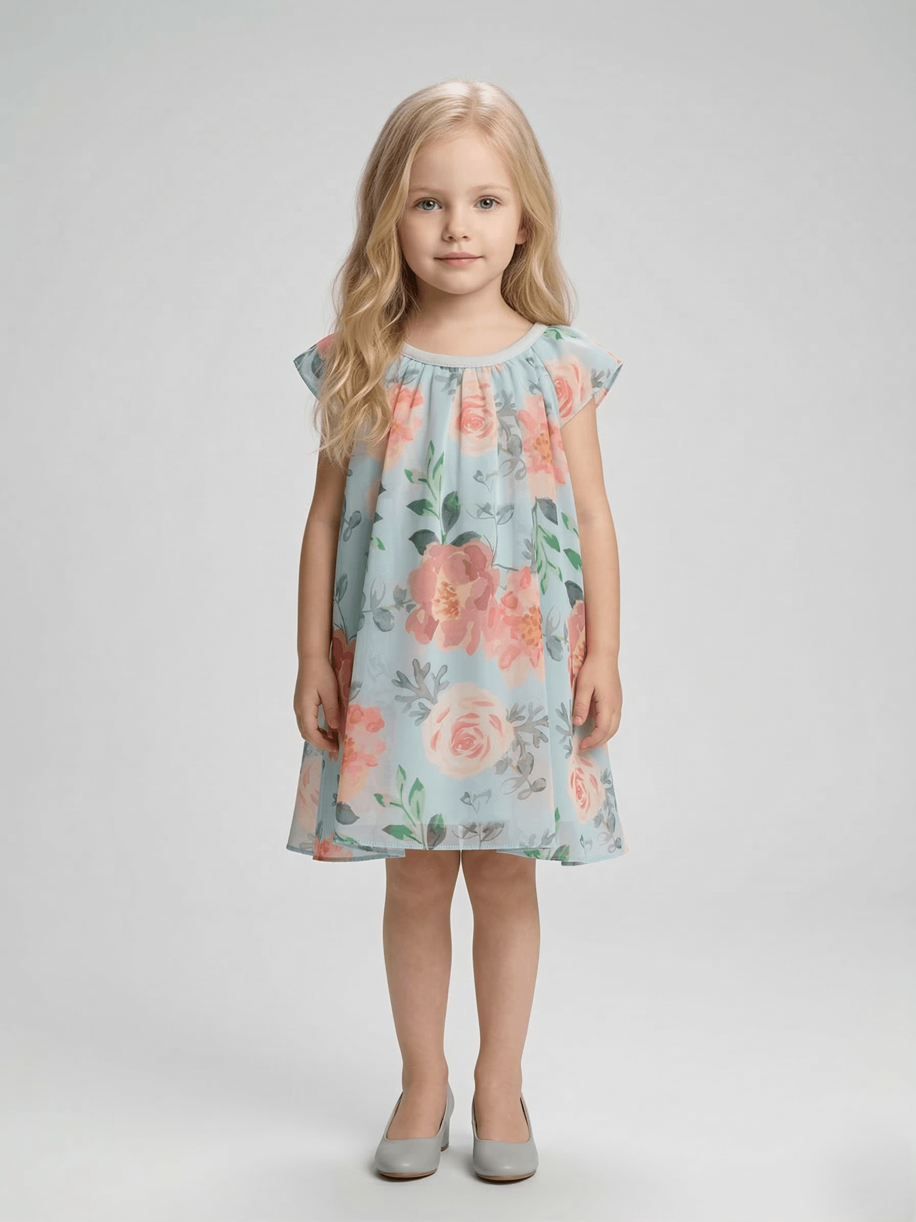 Creative Kids Teal & Magenta Abstract Floral Polyester Dress – Lightweight Flutter Sleeve A-Line Dress - Teal