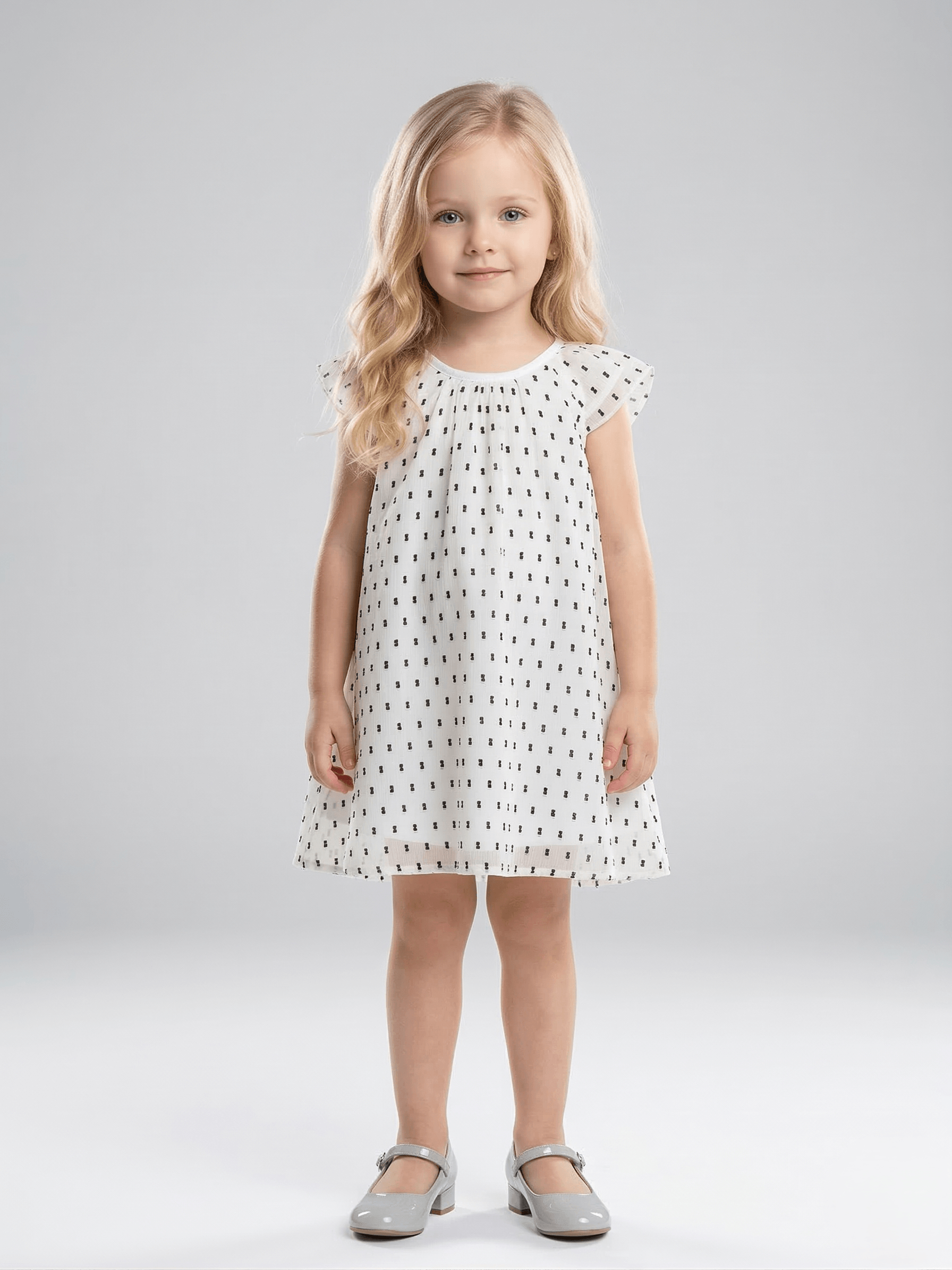 Creative Kids White Dash Print Polyester Dress – Sophisticated Sleeveless Flutter Sleeve A-Line Dress - White