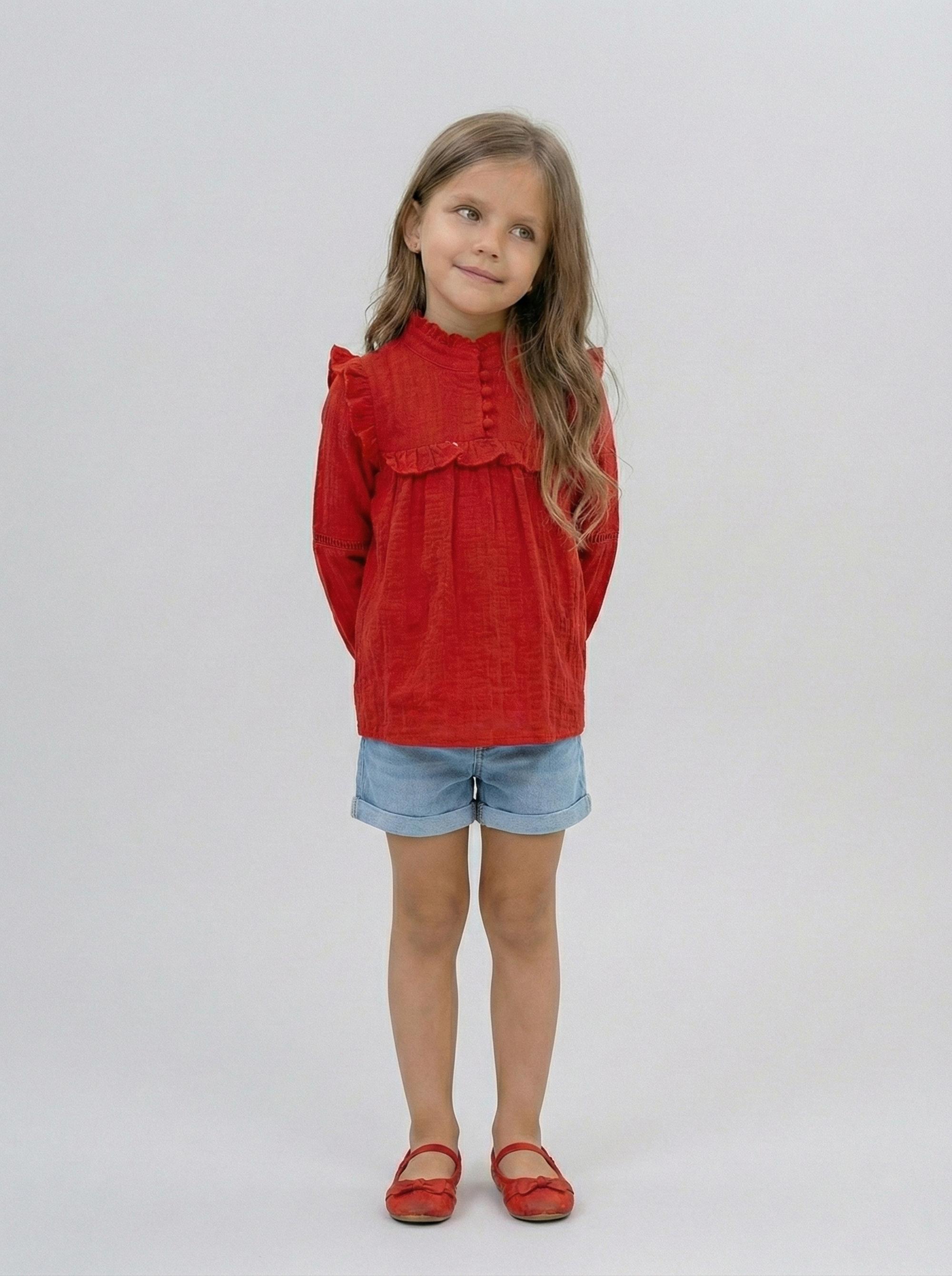 Girls Vicose Rayon Red Solid Embroidery Tops