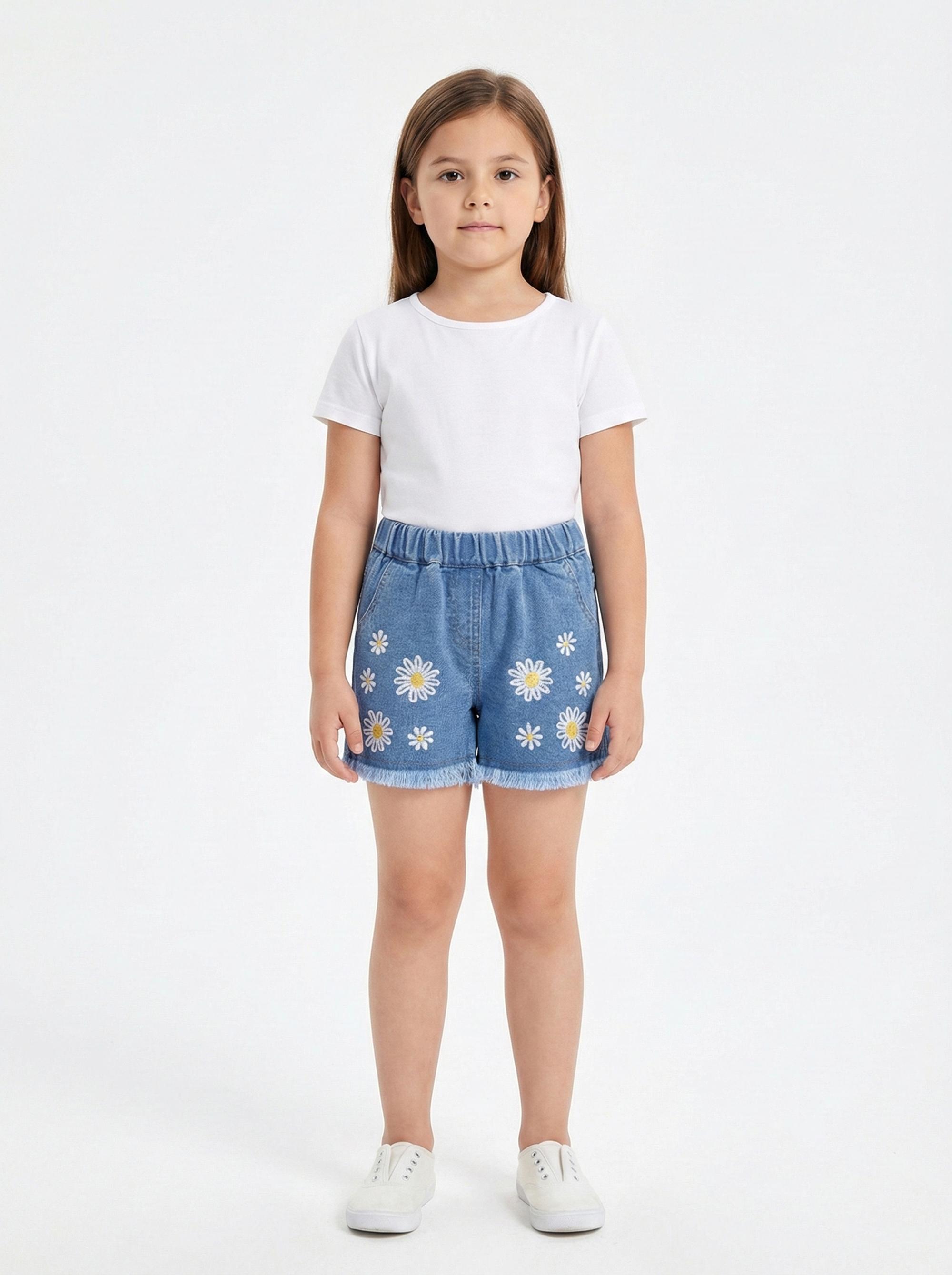Girls Light Blue Flower Embroidered Denim Shorts