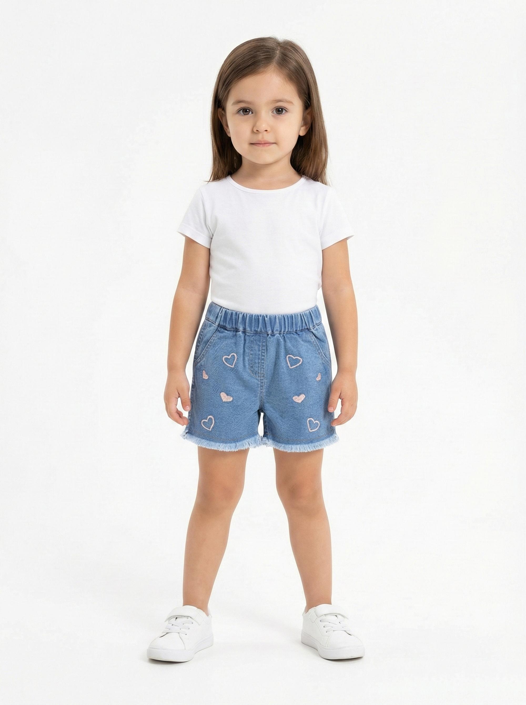 Girls Light Blue Heart Embroidered Denim Shorts