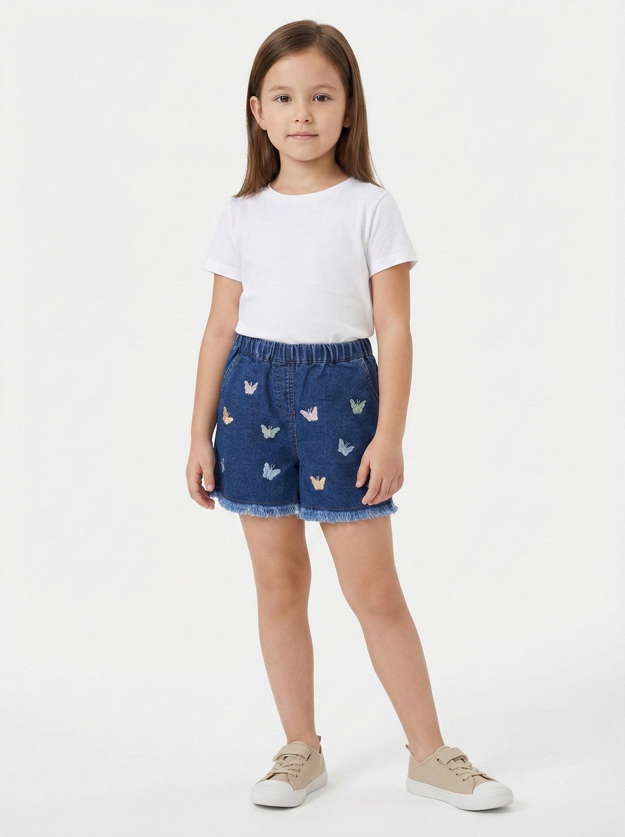 Girls Navy Blue Butterfly Embroidered Denim Shorts