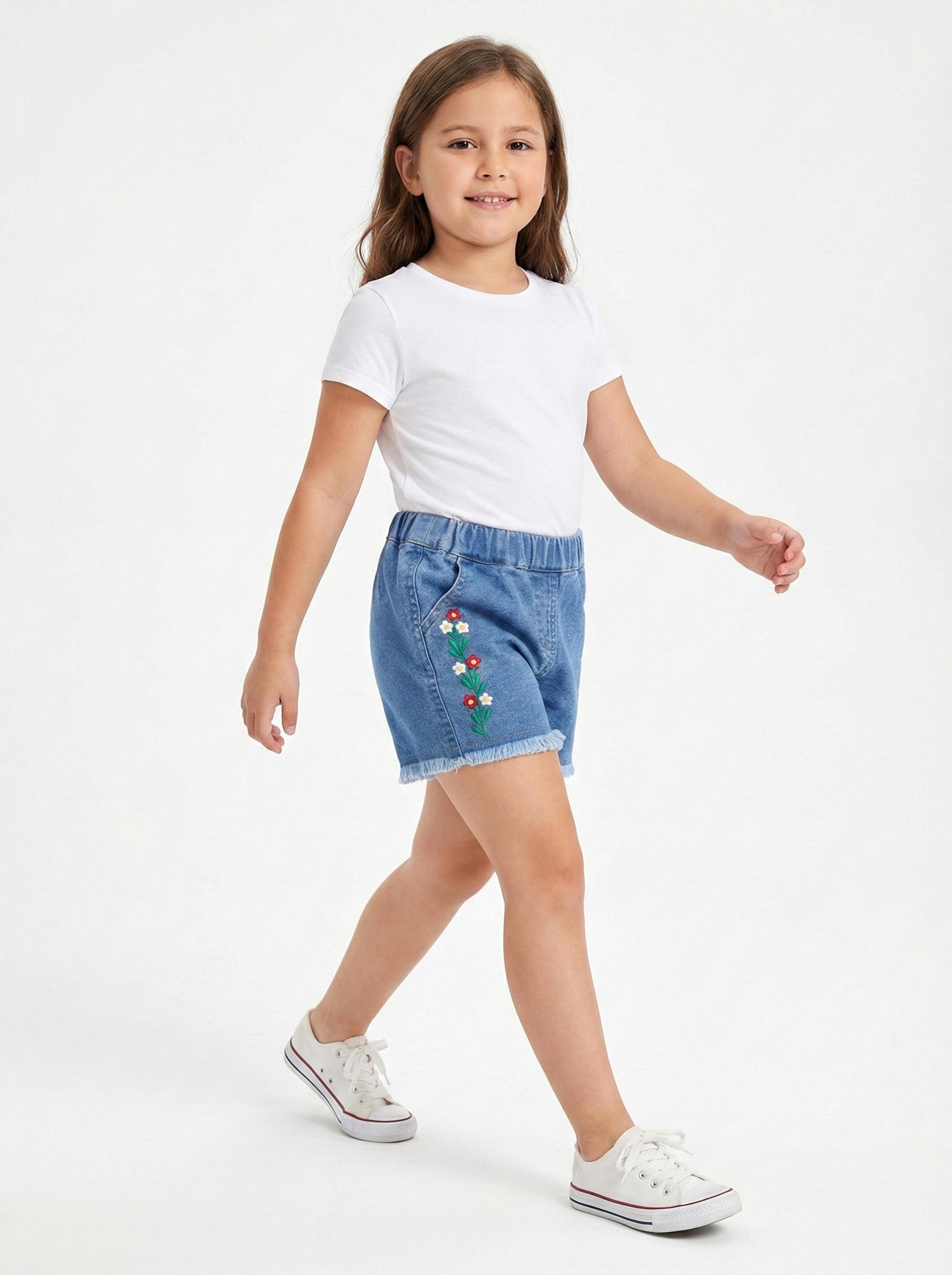 Girls Light Blue Flower Embroidered Denim Shorts
