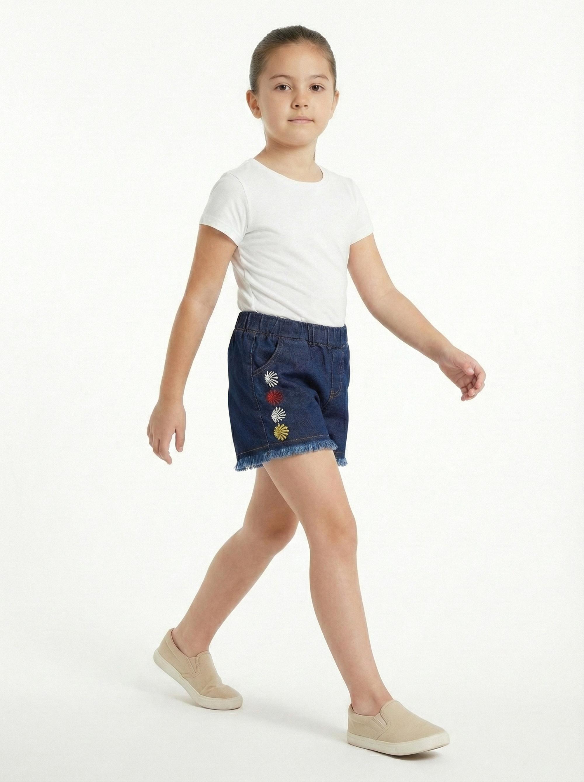 Girls Flower Embroidered Denim Shorts