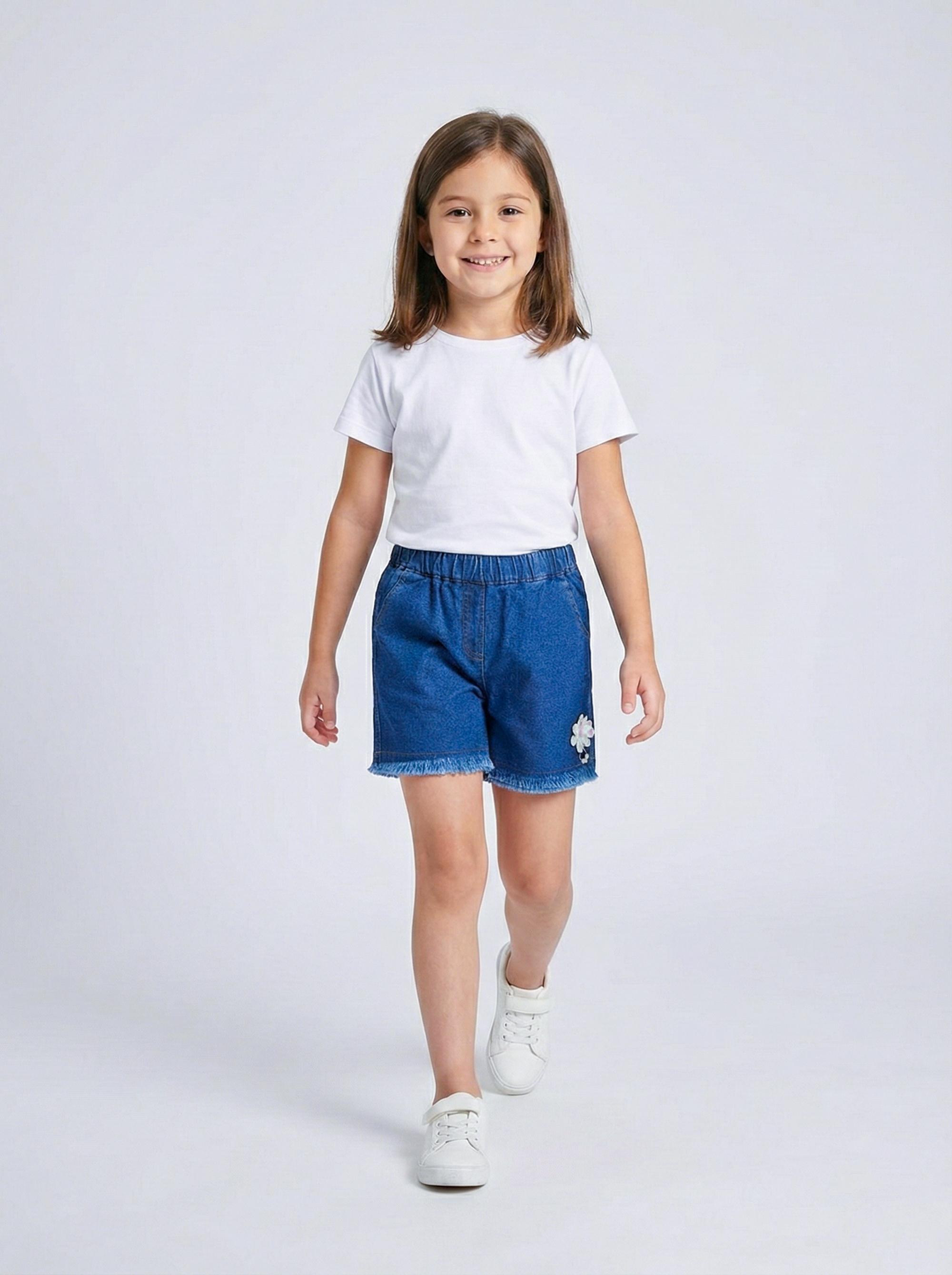 Girls Navy Blue Floral Denim Shorts