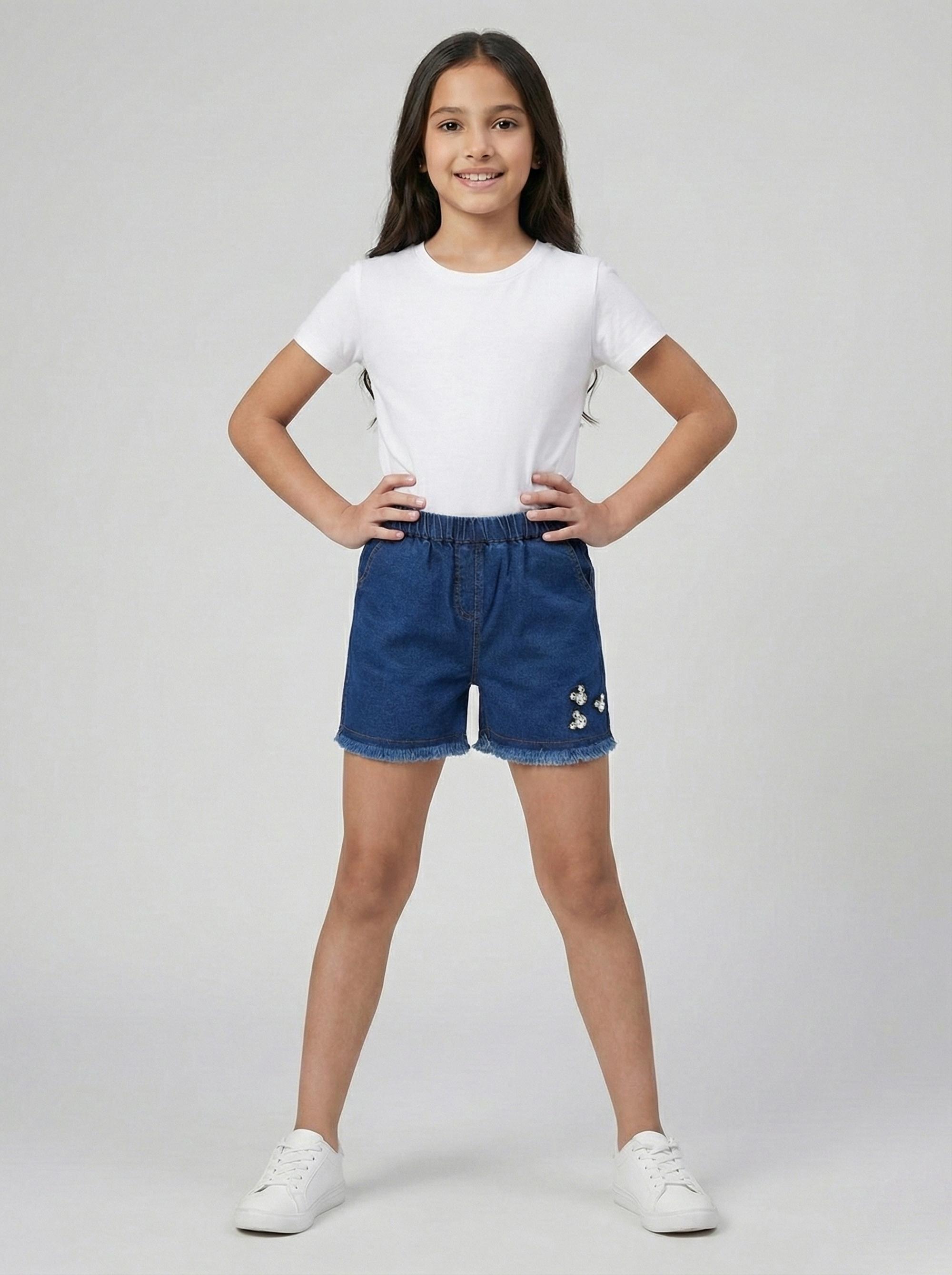 Girls Navy Blue Embellished Denim Shorts