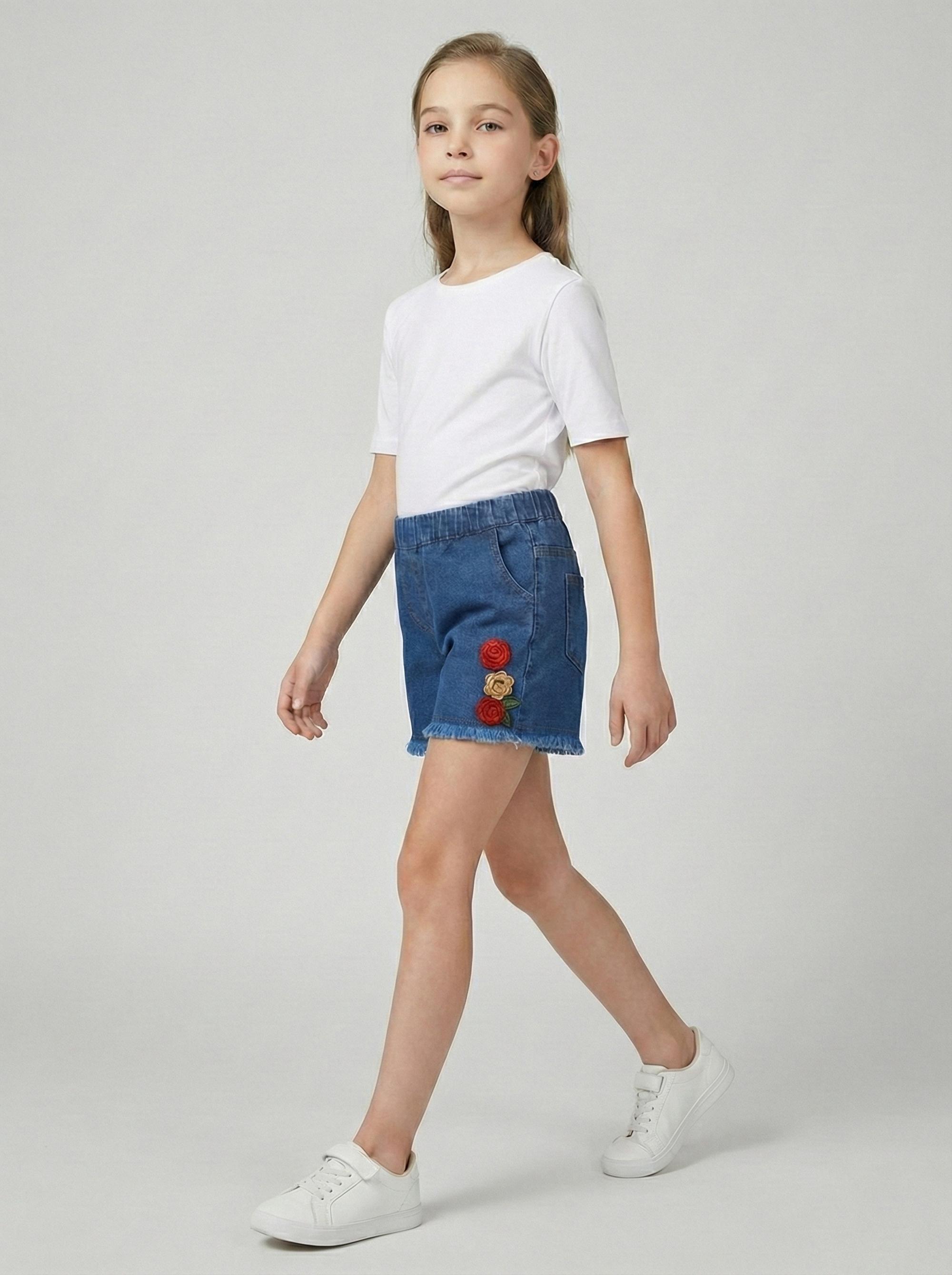 Girl Navy Blue Denim Embellished Shorts