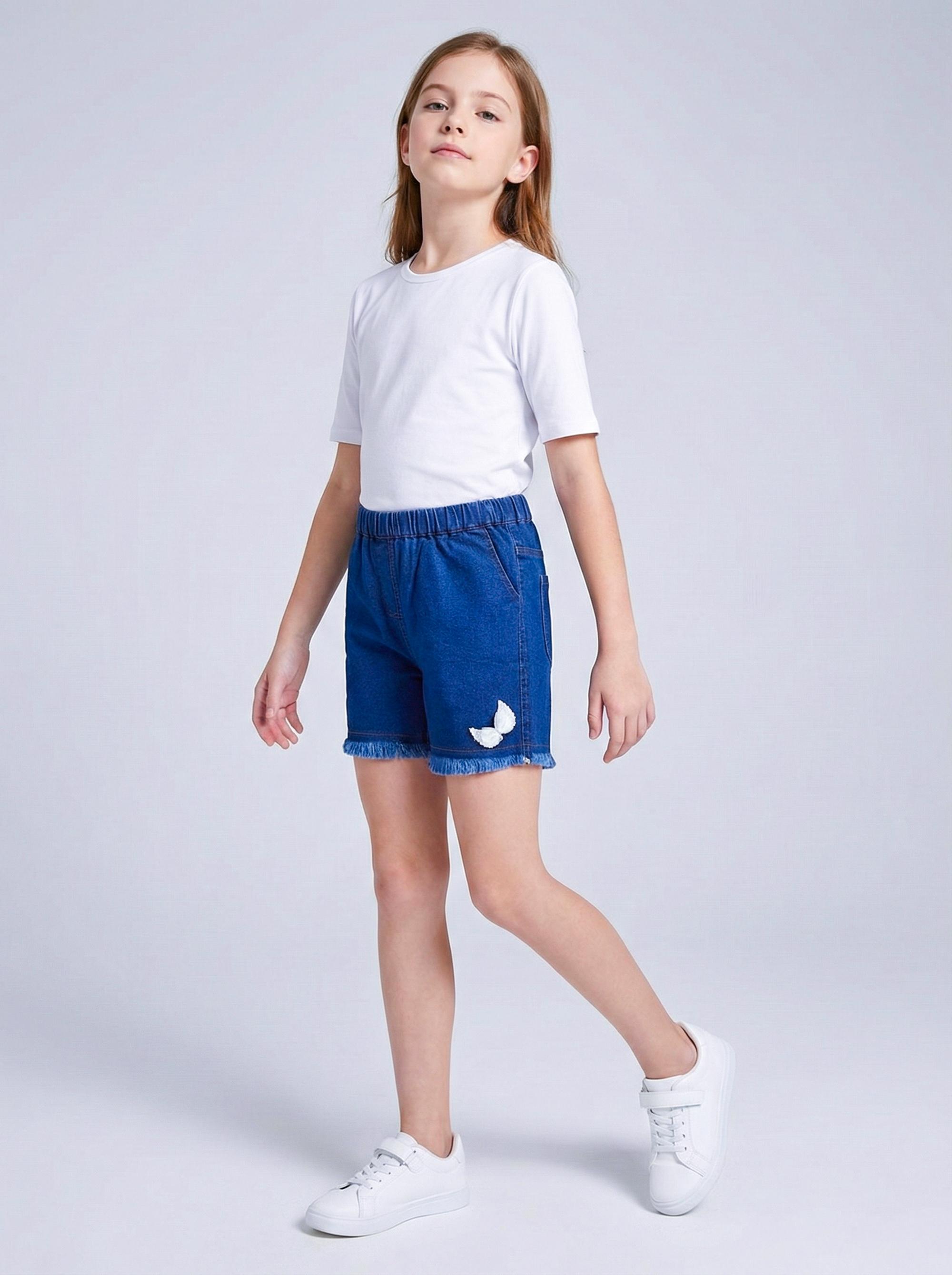 Girl Navy Blue Denim Embellished Shorts