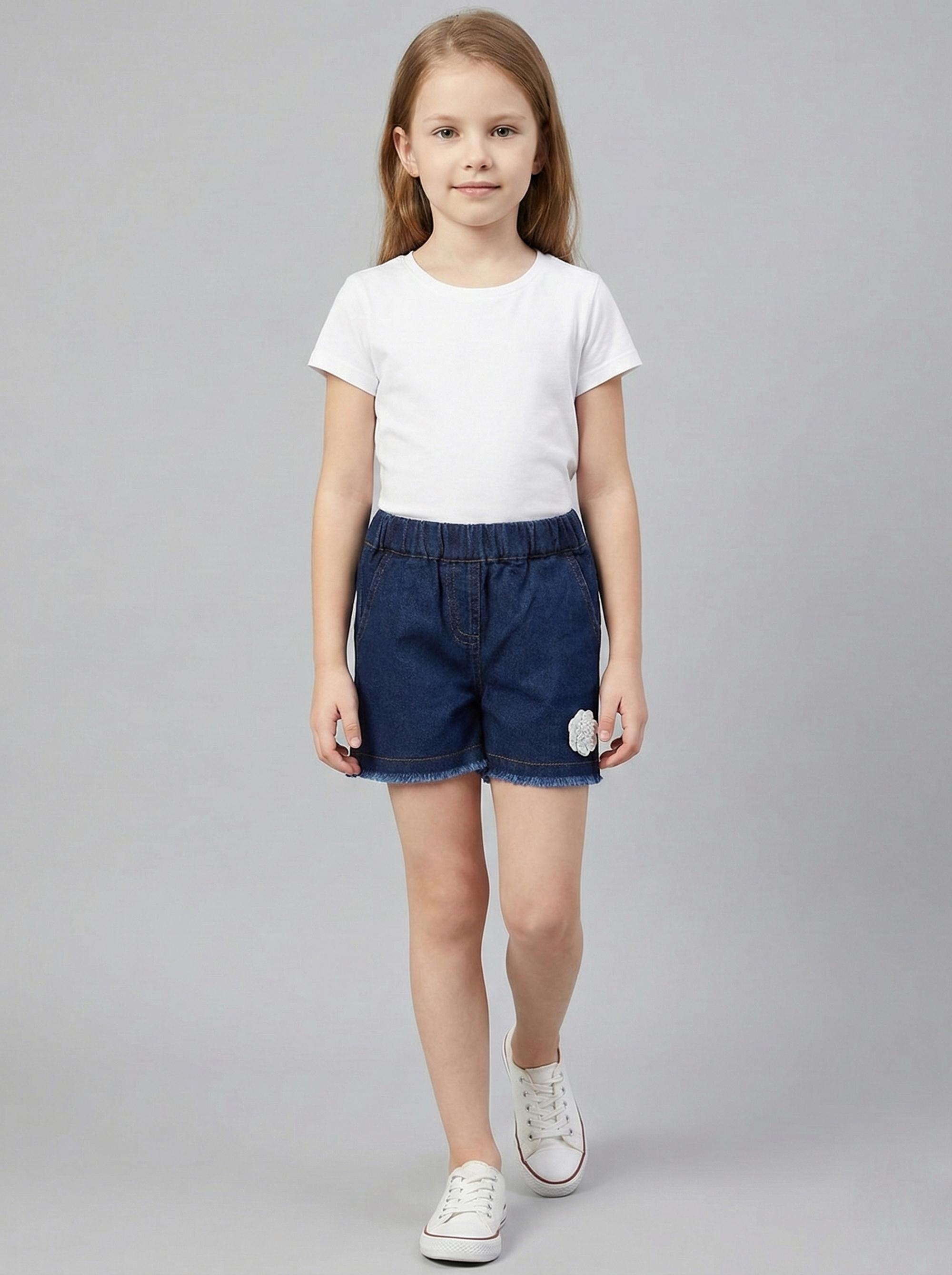Girls Dark Blue Denim Emebllished Shorts