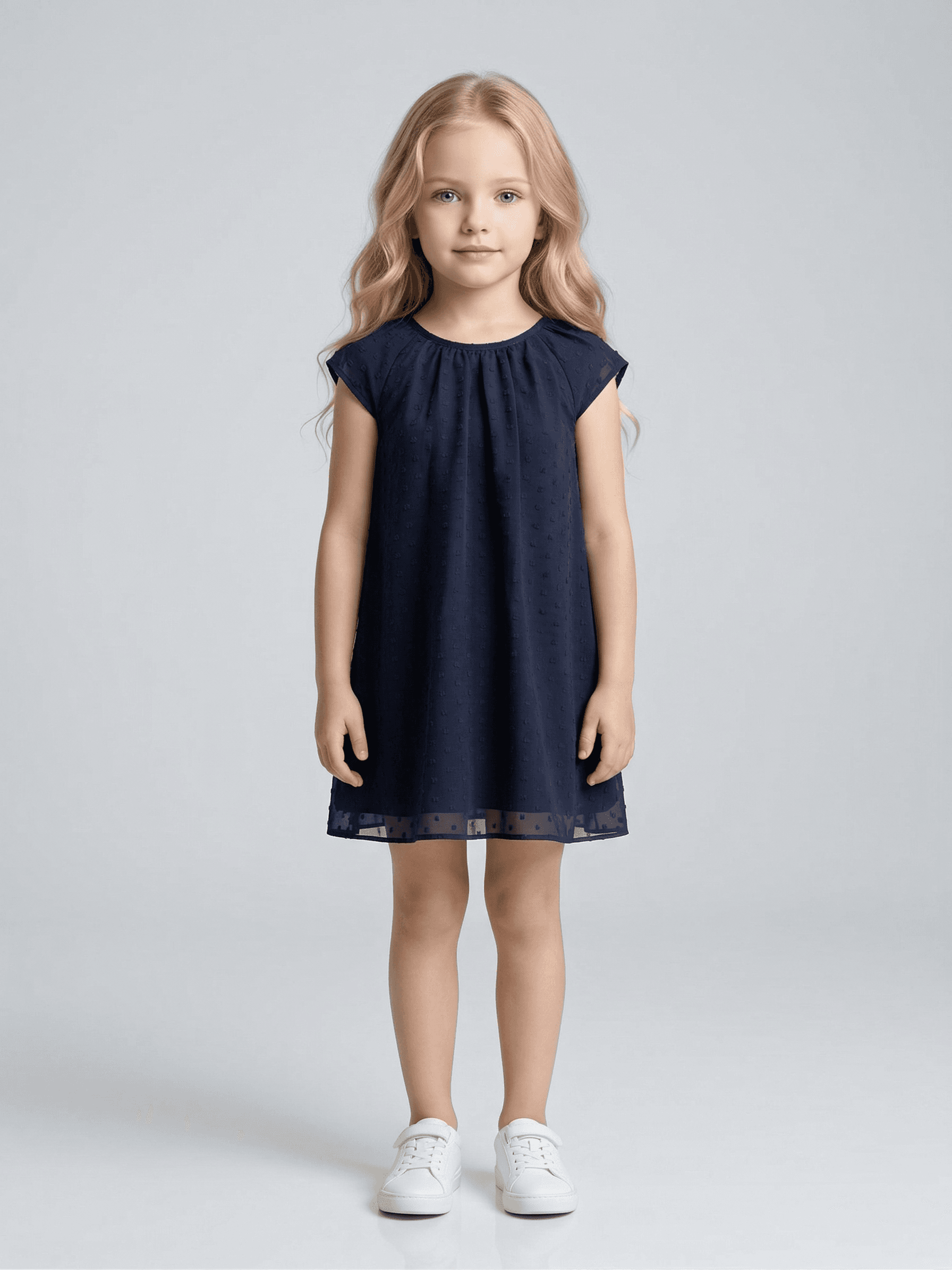 Baby Girl Polyster Navy Blue Dobby Print Cap Sleeve A-Line Knee Lenght Dress