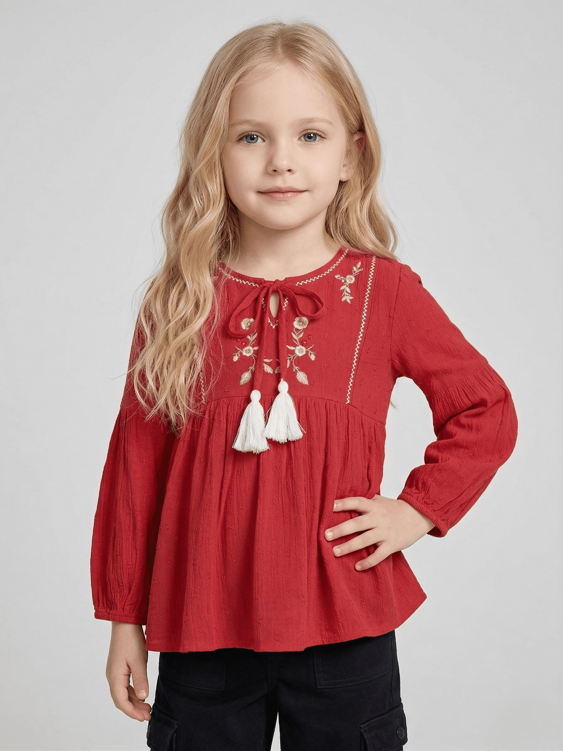 Kid's Girls Red And White Embroidered Top