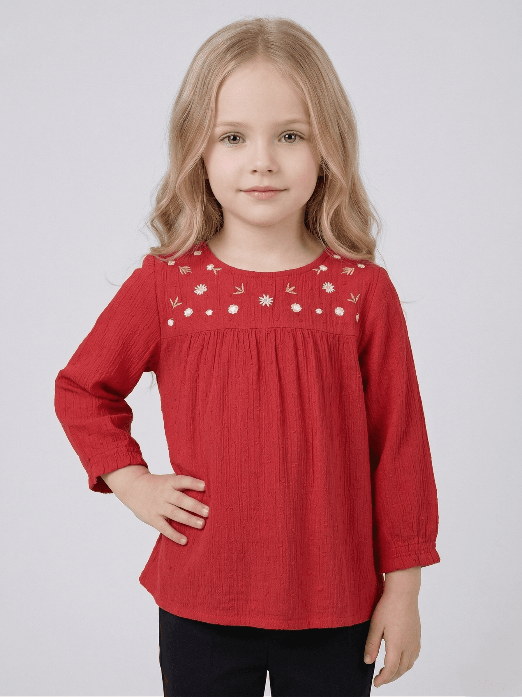 Kid's Girls Red Embroidered Top