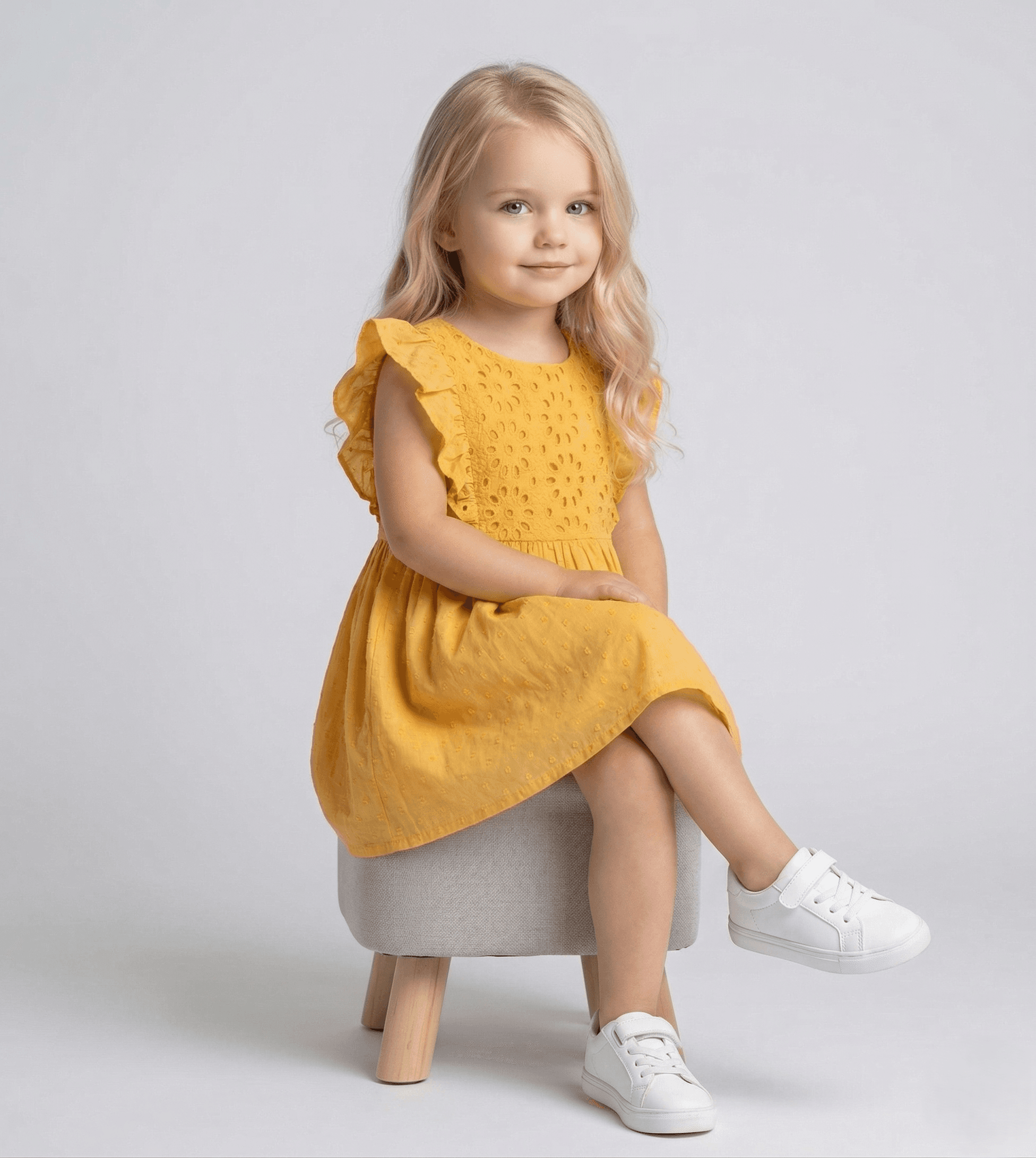 Kid's Girl Yellow Cotton Schiffli A-Line Dress