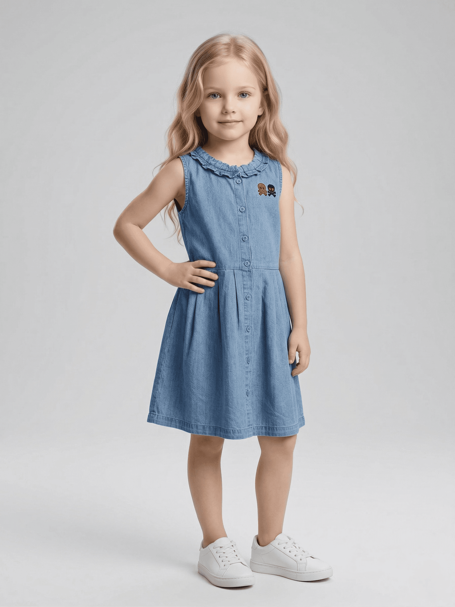 Kid's Girls Blue Denim A-Line Denim Dress