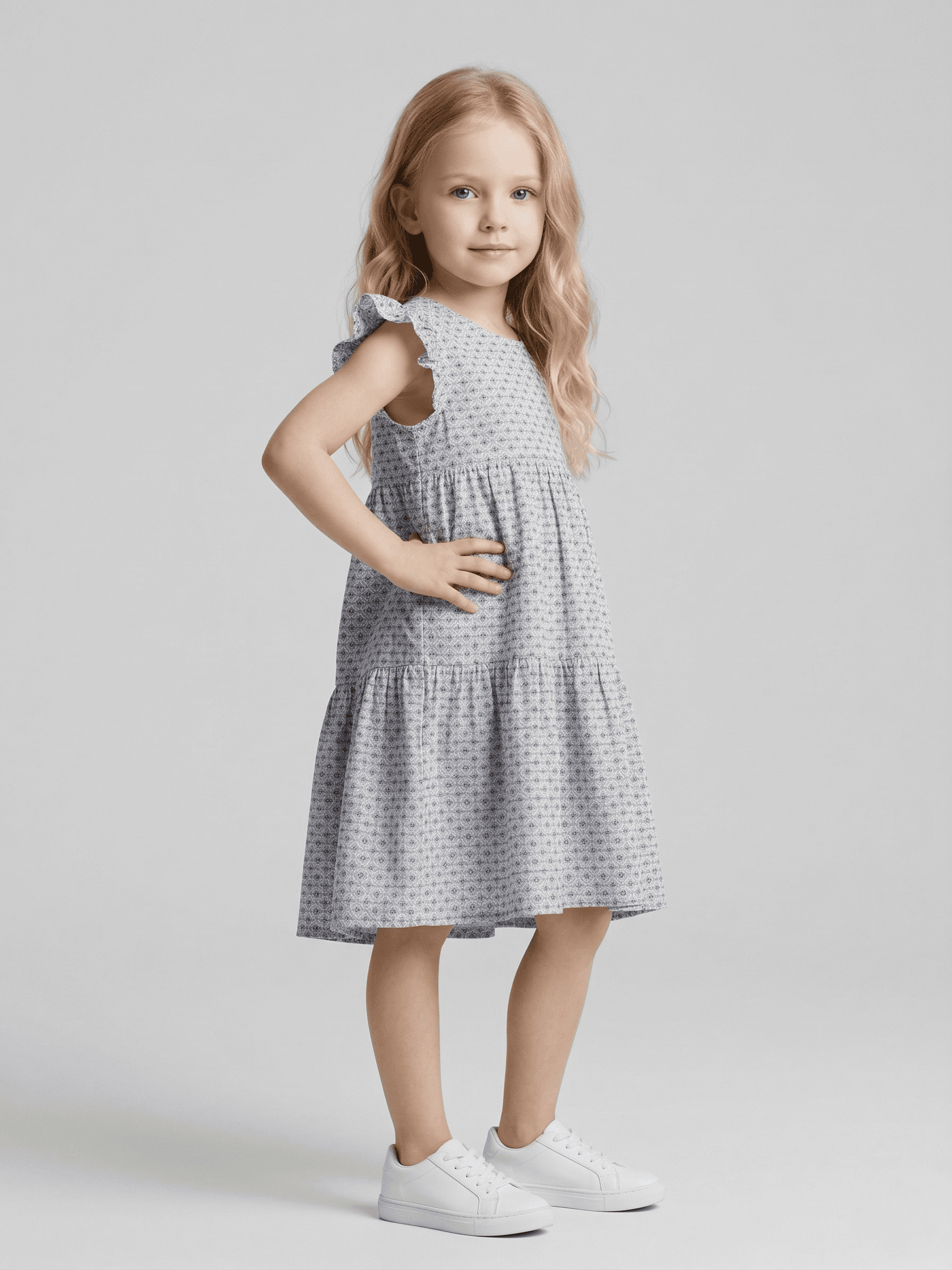 White & Blue Printed Cotton Fit & Flare Dress