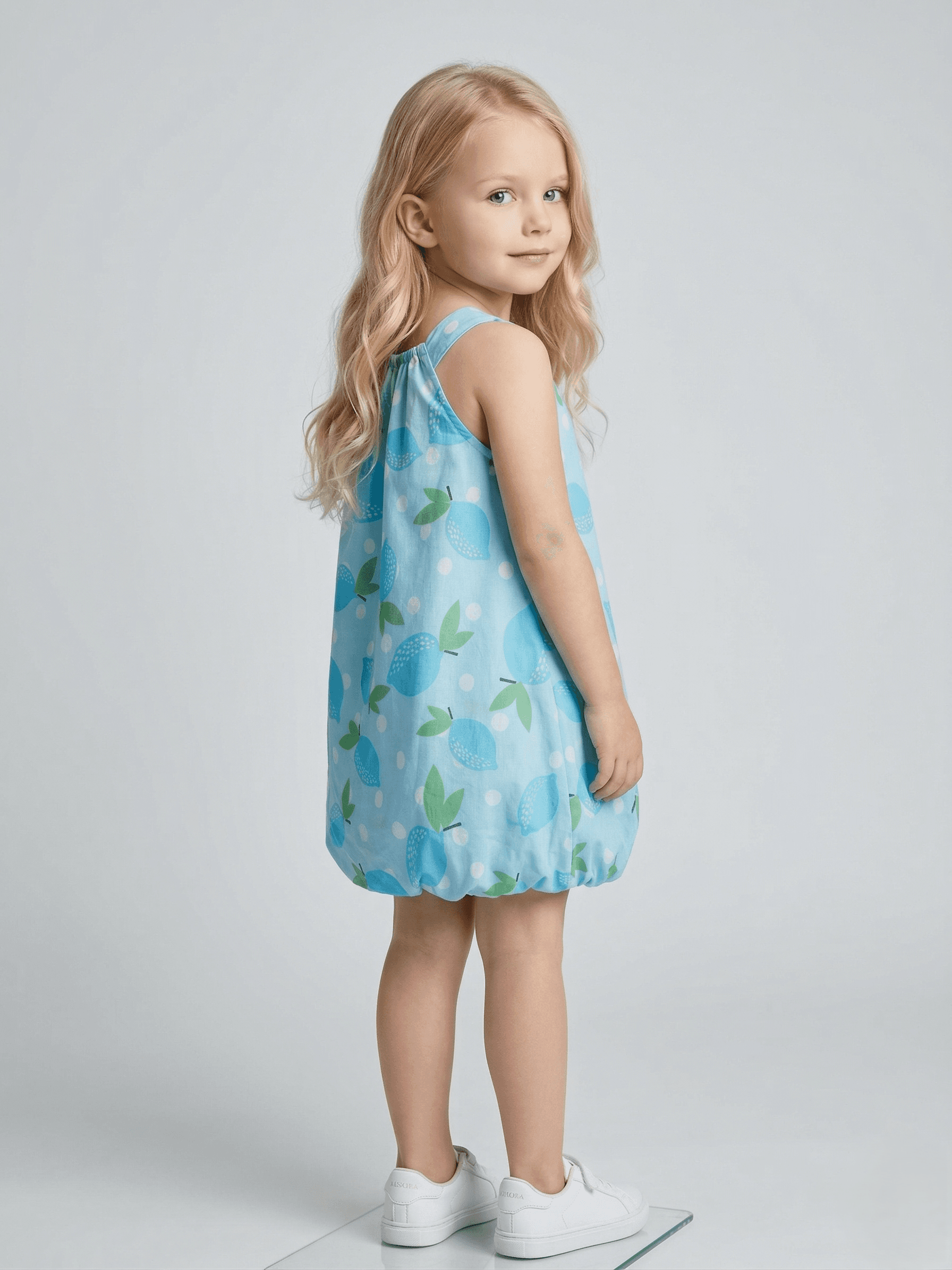 Baby Girl Cap Sleeves Fruits Printed Flared Dress - Turquoise Blue & Green