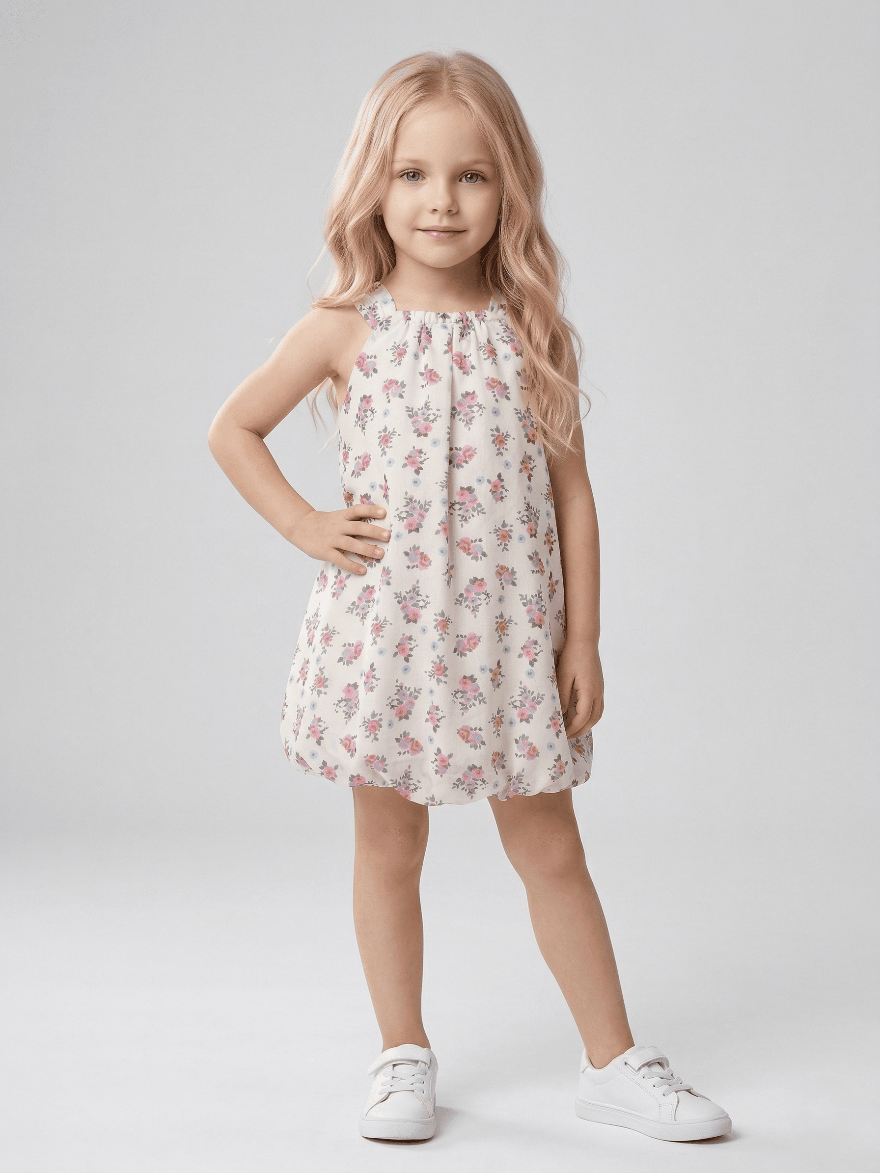 Baby Girl Cap Sleeves Floral Printed Flared Dress - Cream & Purple