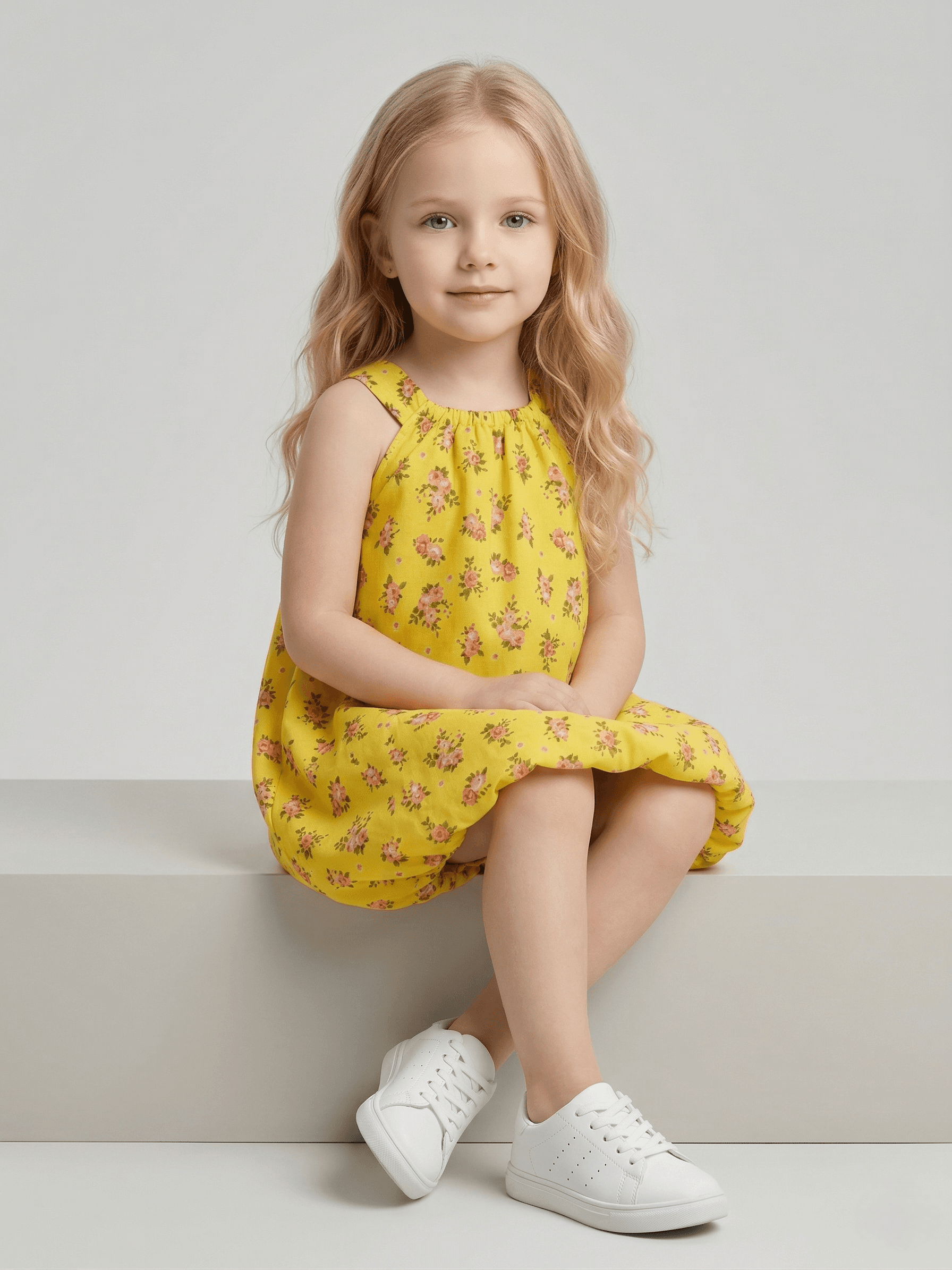 Baby Girl Cap Sleeves Floral Printed Flared Dress - Yellow