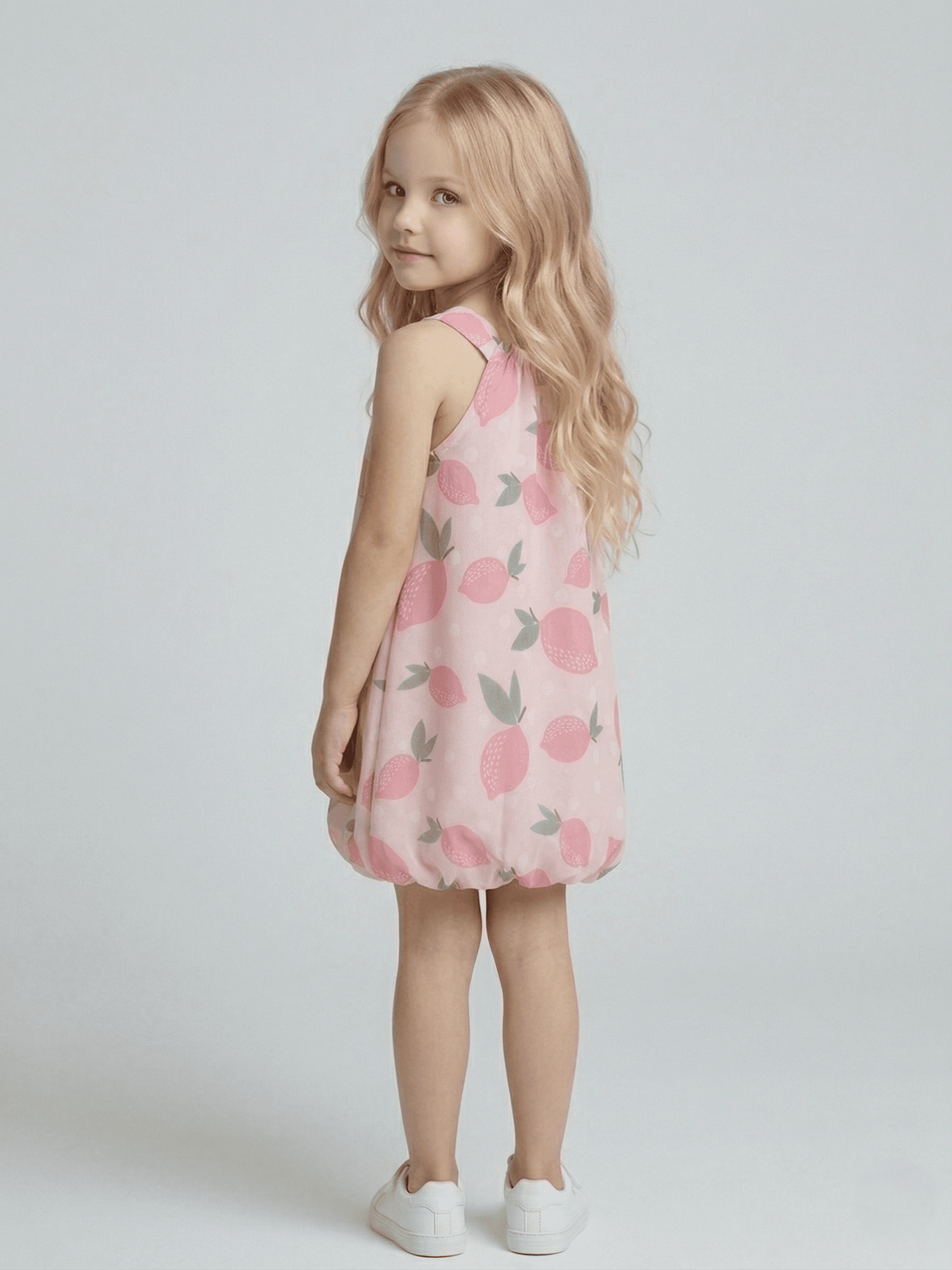 Baby Girl Cap Sleeves Fruit Printed Flared Dress - Pink