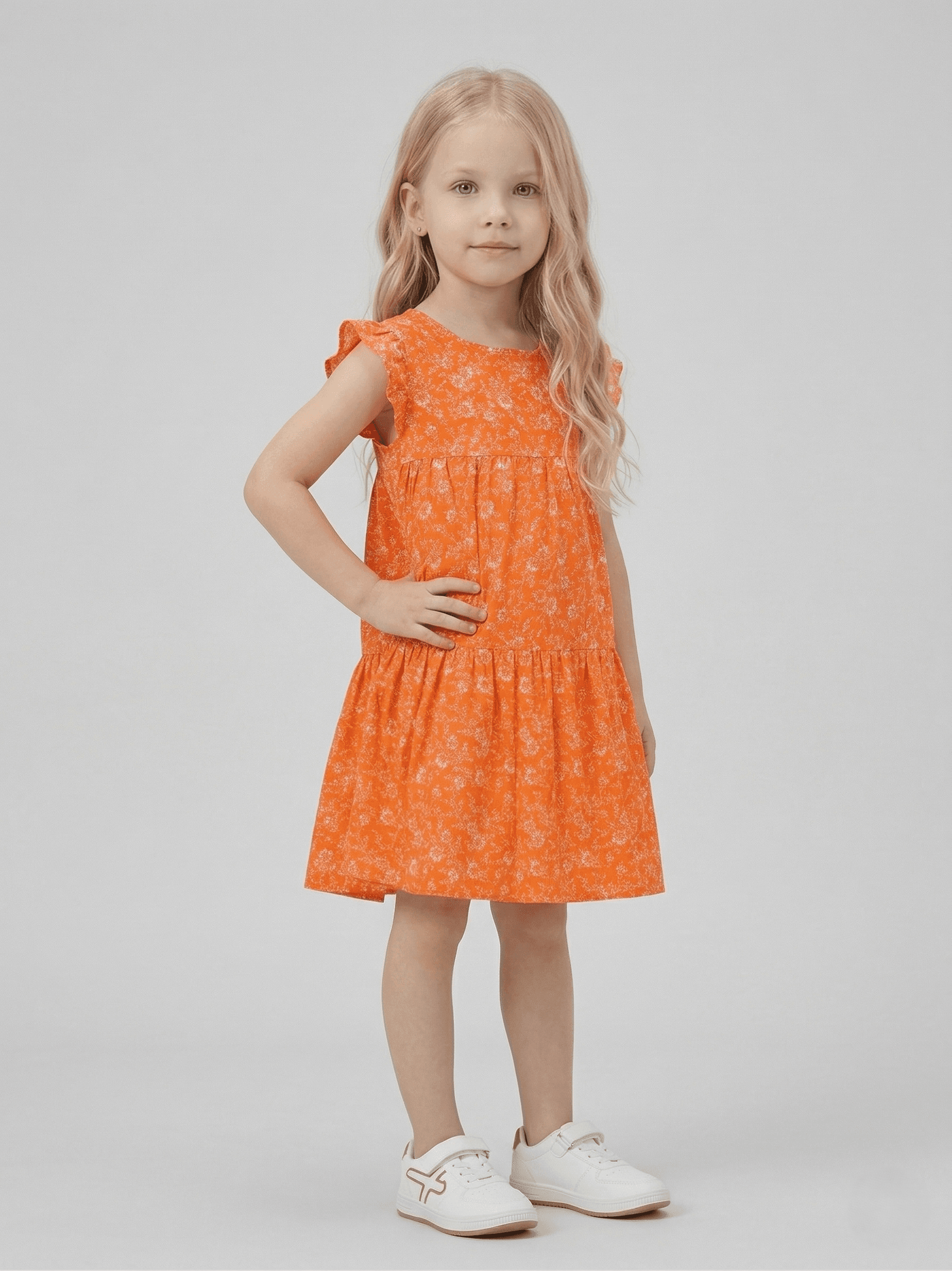 Kids Girl Orange & White Polyester Floral Print Frill Sleeve Knee Length Dress