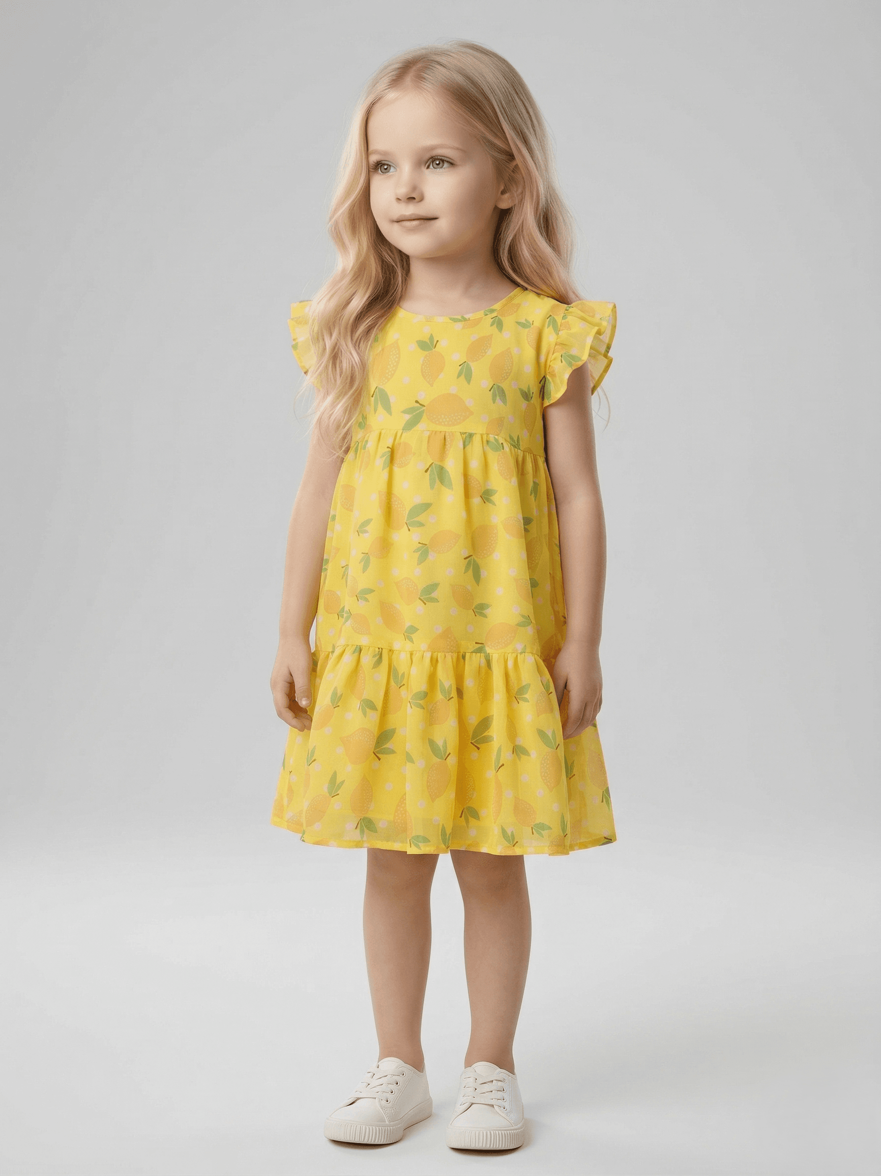 Kids Girl Yellow & Green Polyester Printed Frill Sleeve Knee Length Dress