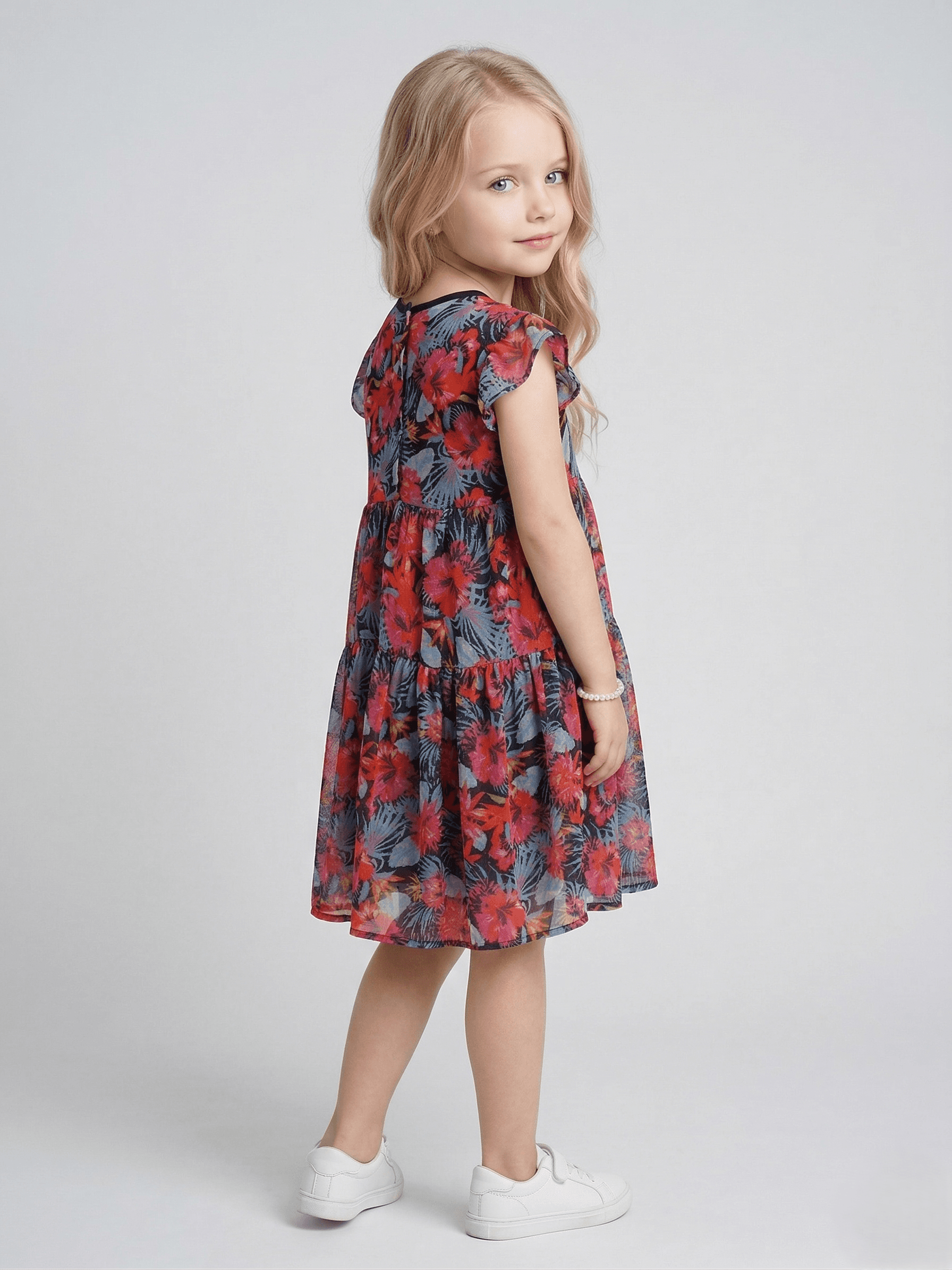Kids Girl Navy Blue & Red Polyester Floral Print Frill Sleeve Knee Length Dress