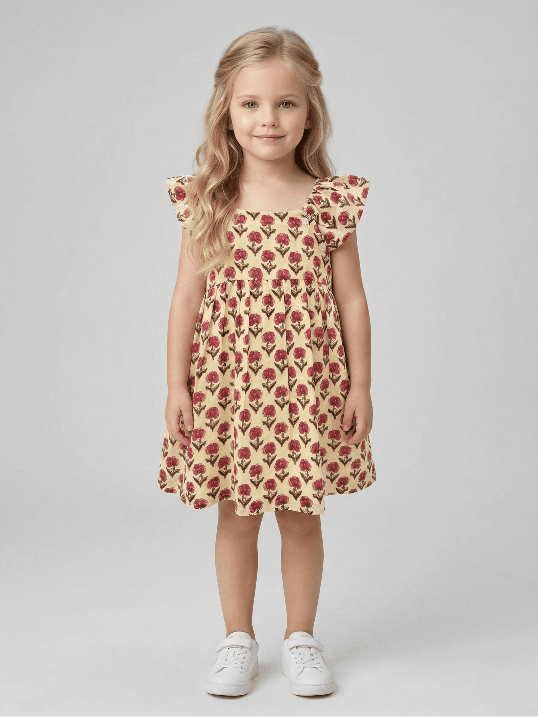 Creative Kids Baby Girl Pink & Off White Floral Print Gathered A-Line Dress - Pink